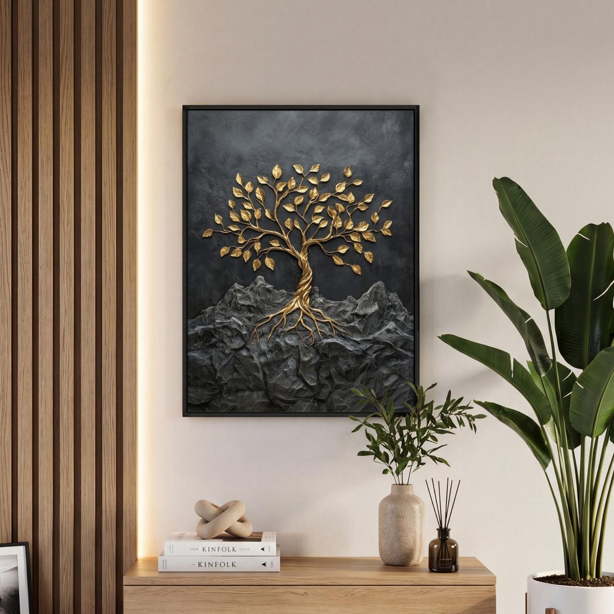 LEINWAND Bilder mit Rahmen - Blätter - Gold - Baum - Fels - 50x70 - Schwarz, Textil (50/70cm) - MuchoWow
