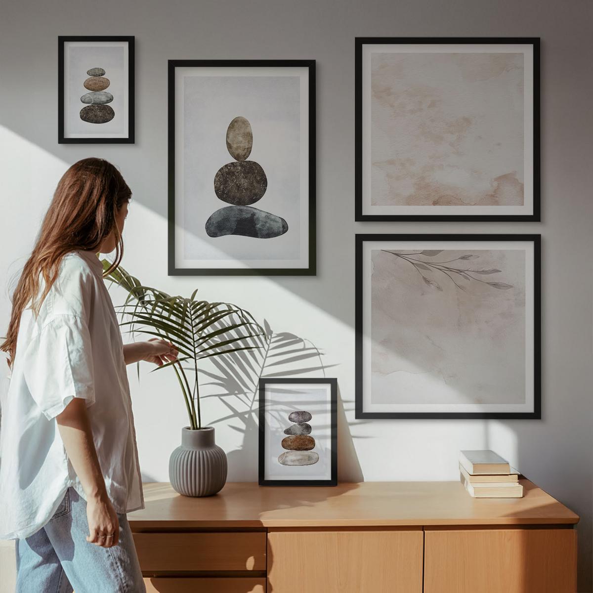 BILDER SET 5er Set - 50x50 cm & 20x30 cm & 40x60 cm Schwarzer Rahmen - Steinstapel-Boho-Malerei - Schwarz, Kunststoff (40/60cm) - TULUP