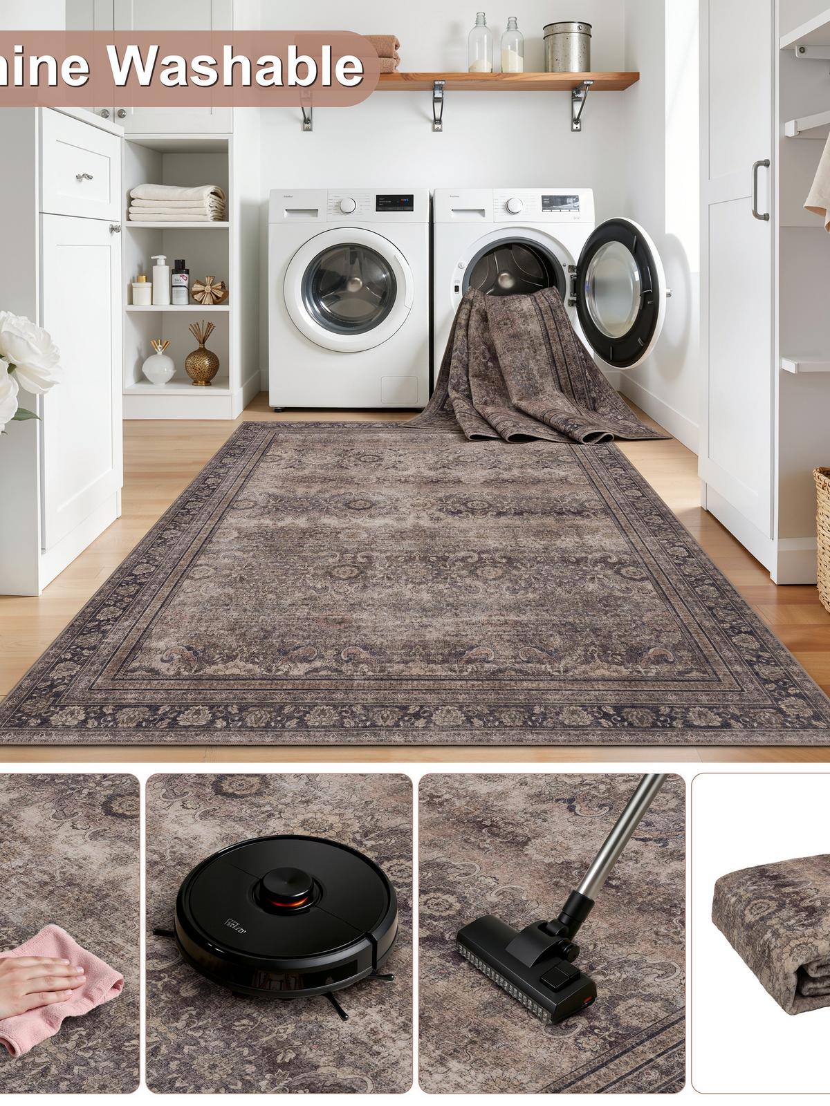 TEPPICH Kurzflor, waschbar, mit floralen Ornamenten, VERNANTE in Braun-Grau, Ø 200 cm - Braun, Textil (200/200cm) - KADIMA DESIGN
