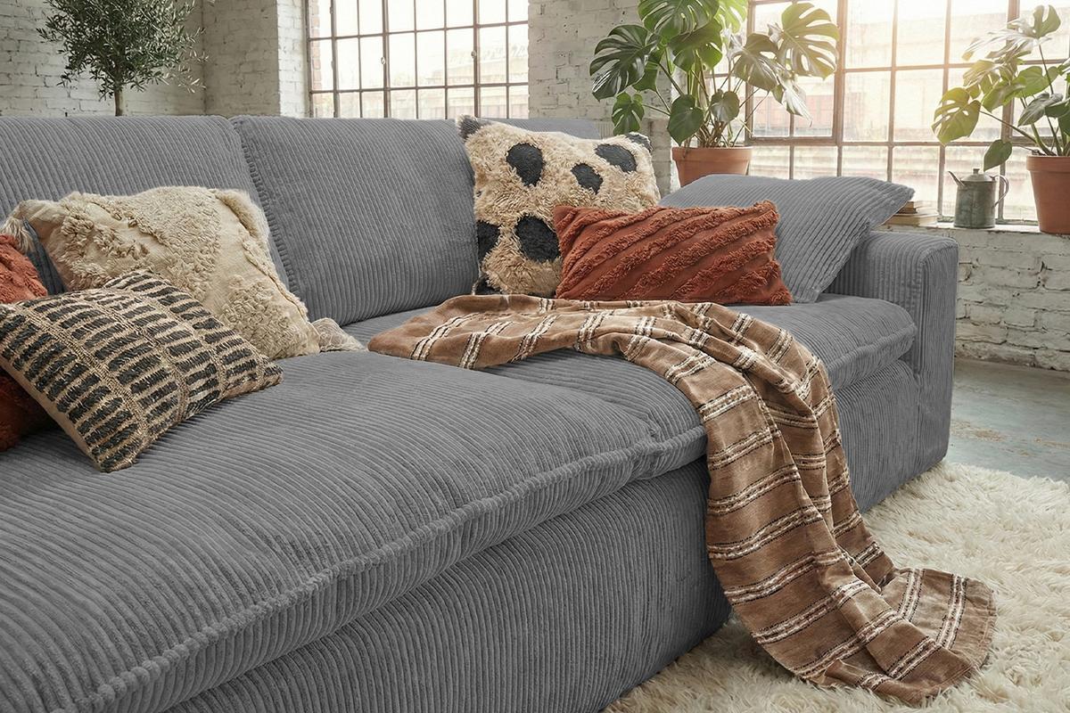 SOFA NETTA Grau Cord - Braun/Grau, Birkenholz/Textil (226/90/116cm) - KAWOLA