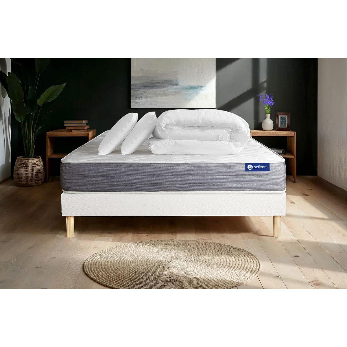 BETT Actilatex dream Latex und Memory-Schaum 160 x 200 cm h2 - Kit Bettgestell Weiß - Mit Kissen und Bettdecke - Beige/Weiß, Karton/Holz (160/200cm) - ACTISOM