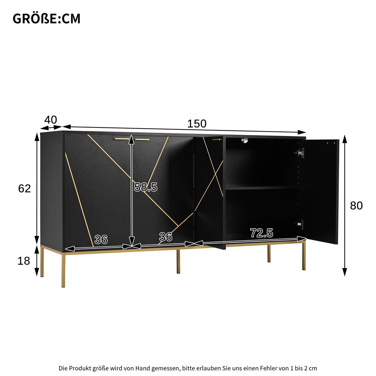 SIDEBOARD mit goldenen geometrischen Mustern - Schwarz, Holzwerkstoff/Metall (40/80/150cm) - Urban Meuble