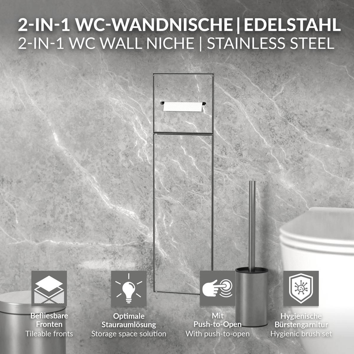 UNTERPUTZ-SCHRANKMODUL WC aus Edelstahl Silber 60x20x14 cm - Silberfarben, Metall (14/60/20cm) - LuxeBath