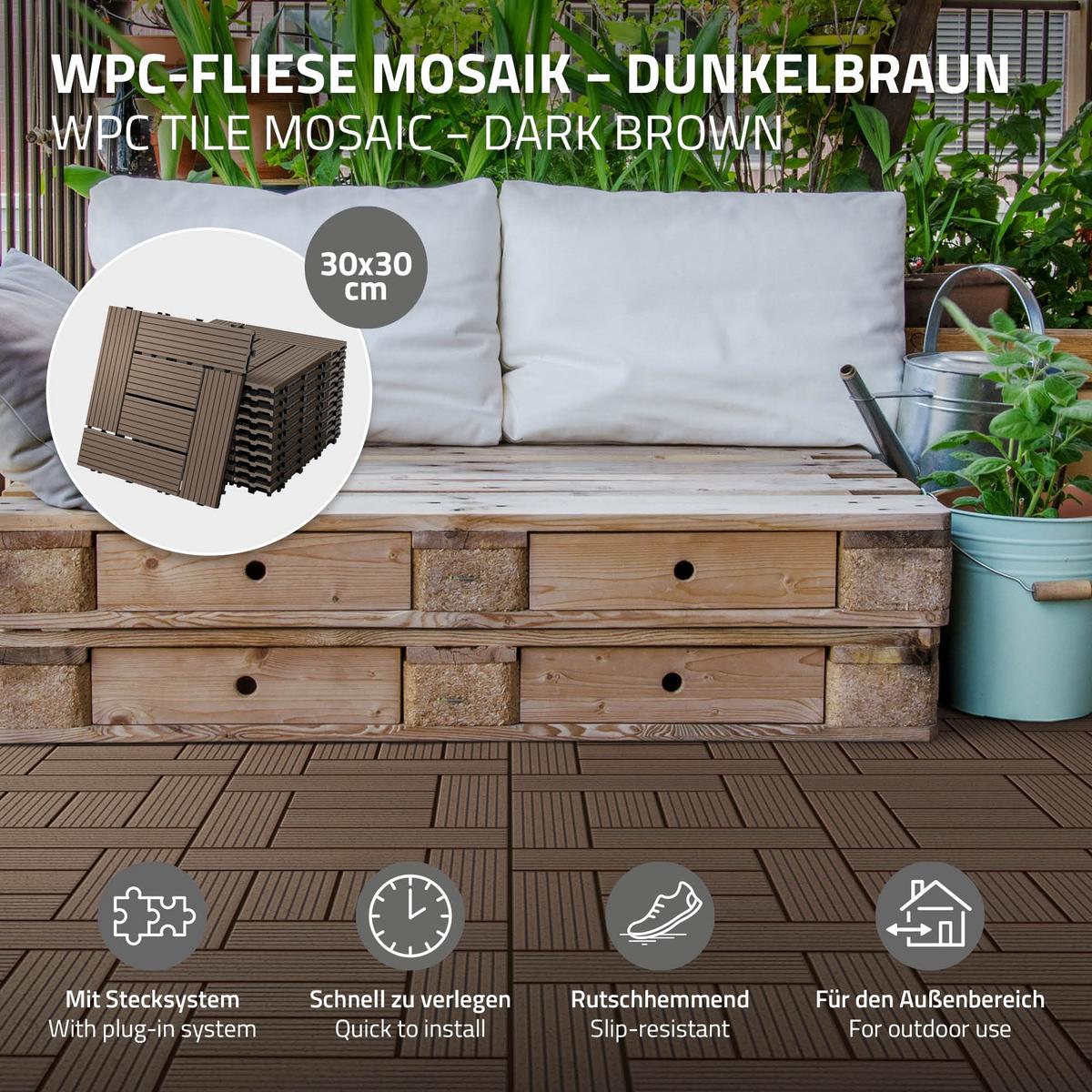 BODENPLATTE Mosaik 2er Set - Dunkelbraun, Holzwerkstoff (30/30/2cm) - ECD-Germany