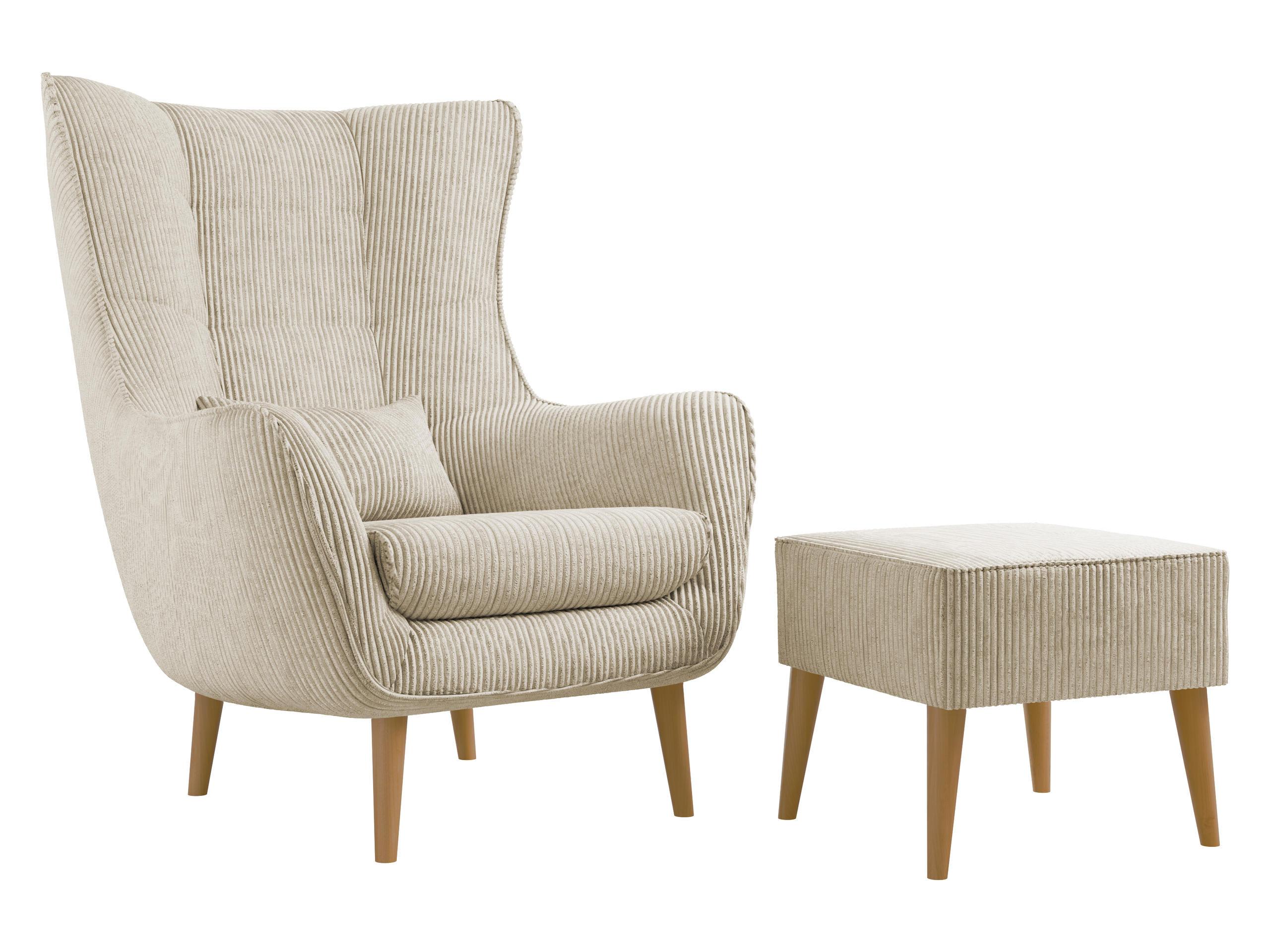 SESSEL Estjano Cord mit Fußbank - Beige/Naturfarben, Holz/Textil (80/106/95cm) - MIRJAN24