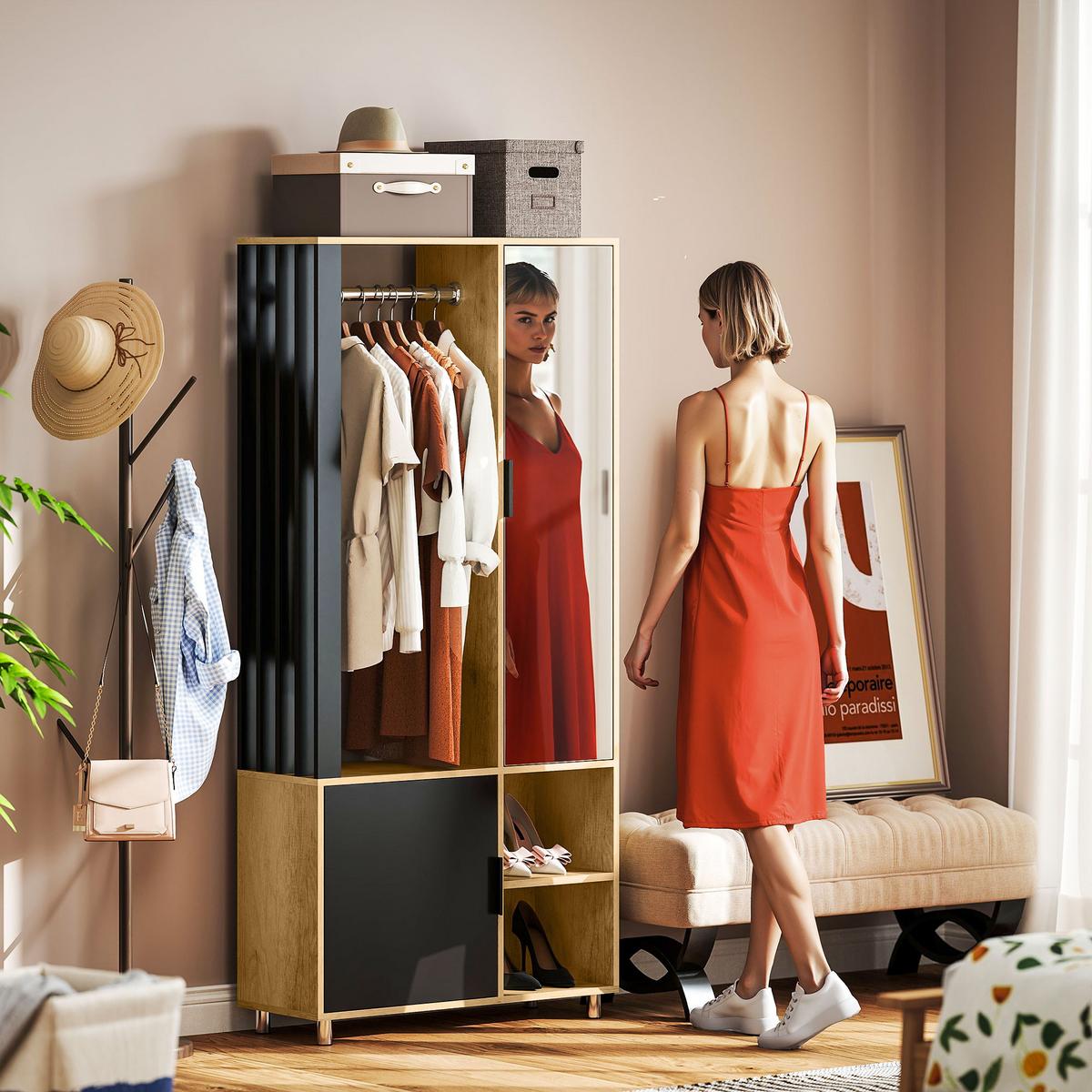 GARDEROBENSCHRANK mit Spiegel, Kleiderstange & Schuhschrank - Schwarz/Naturfarben, Holzwerkstoff/Kunststoff (30/175/80cm) - HOMCOM