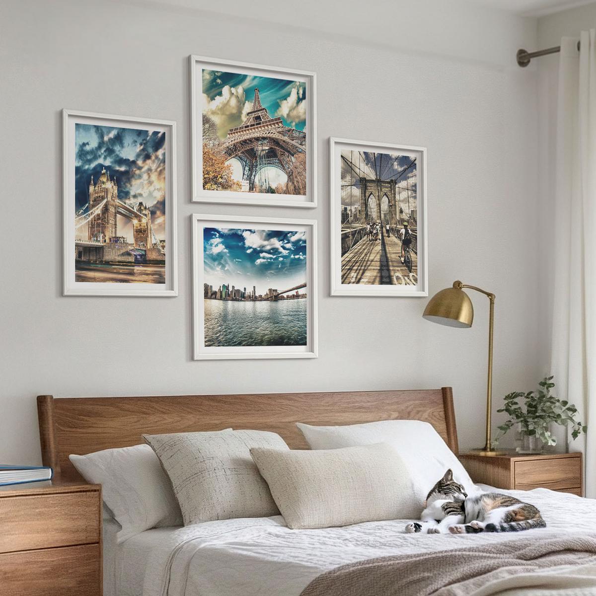 BILDER SET 4er Set - 50x50 cm & 40x60 cm Weißer Rahmen - Turmbrücken in europäischen Städten - Weiß, Kunststoff (50/50cm) - TULUP