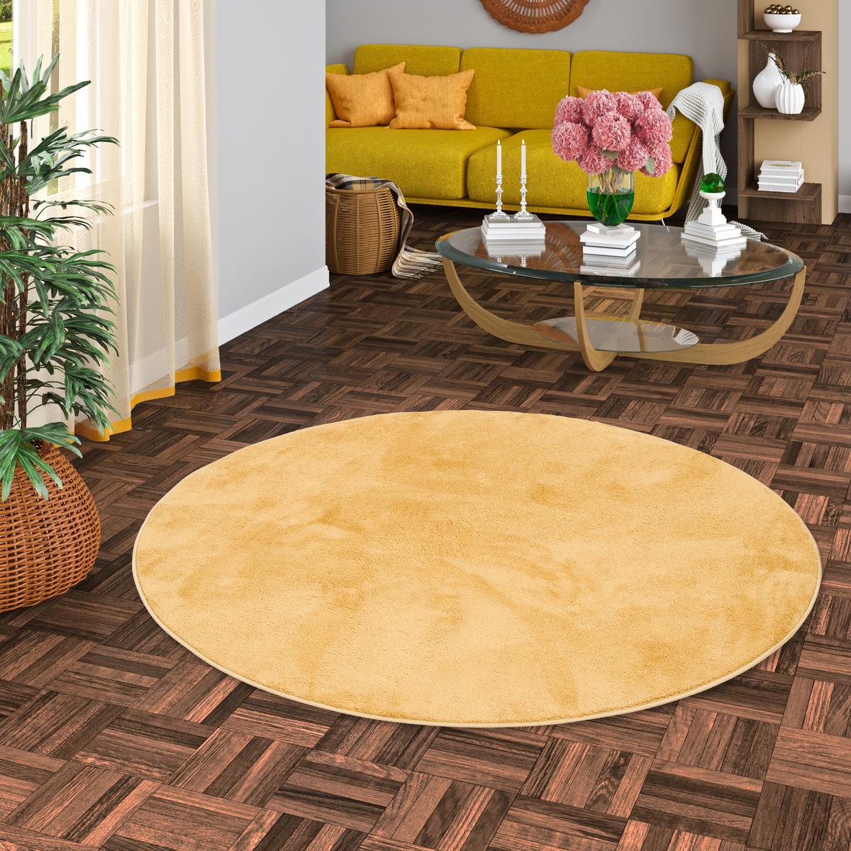 LUXUS SUPER SOFT HOCHFLOR LANGFLOR TEPPICH DELUXE RUND - Currygelb, Textil (200/200cm) - Snapstyle