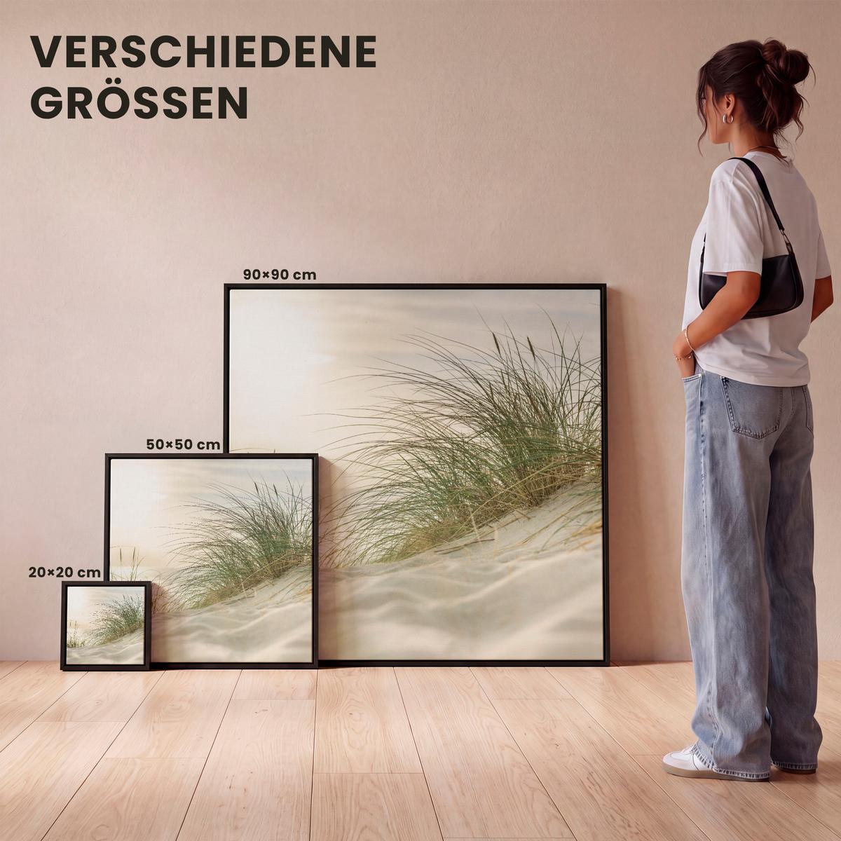LEINWAND Bilder mit Rahmen - Dünen mit Strandhafer in der Sonne des Nationalparks Schleswig-Holsteinisches Wattenmeer - 90x90 - Creme, Textil (90/90cm) - MuchoWow