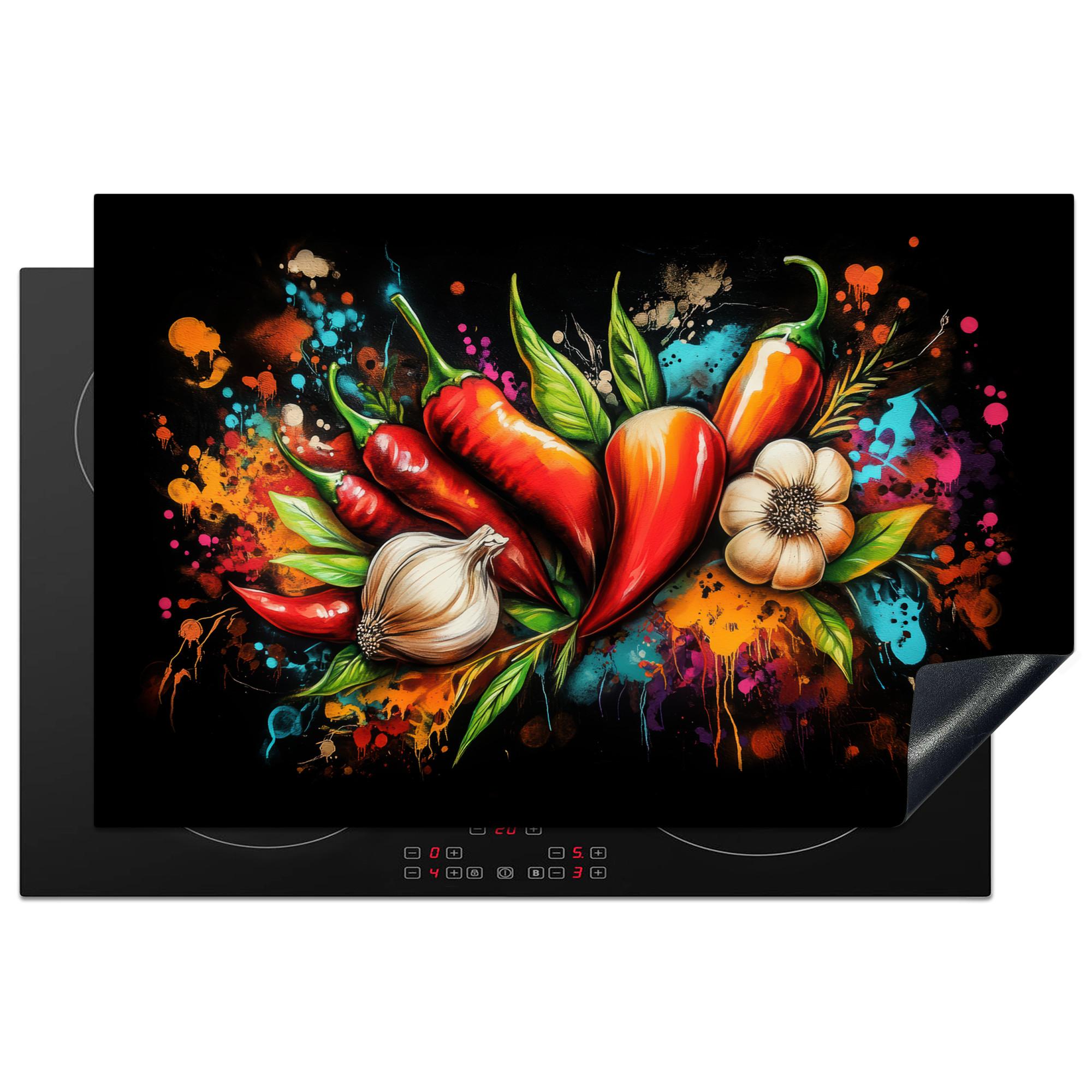 HERDABDECKPLATTE Gemüse - Paprika - Knoblauch - Graffiti - Farbe - Bunt Induktionsschutz 81.6x52.7 cm - Rot, Kunststoff (81.6/52.7/0.2cm) - MuchoWow