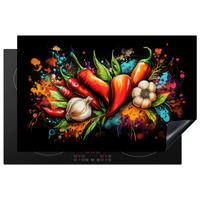 HERDABDECKPLATTE Gemüse - Paprika - Knoblauch - Graffiti - Farbe - Bunt Induktionsschutz 81.6x52.7 cm - Rot, Kunststoff (81.6/52.7/0.2cm) - MuchoWow
