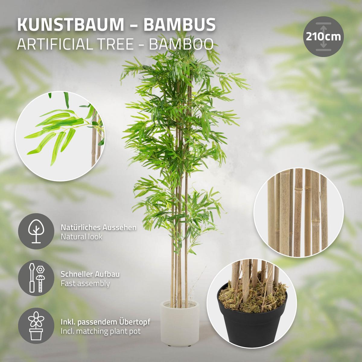 KÜNSTLICHER BAMBUS 210 cm mit Echtholzstamm - Anthrazit/Grün, Holz/Kunststoff (210cm) - ML-DESIGN