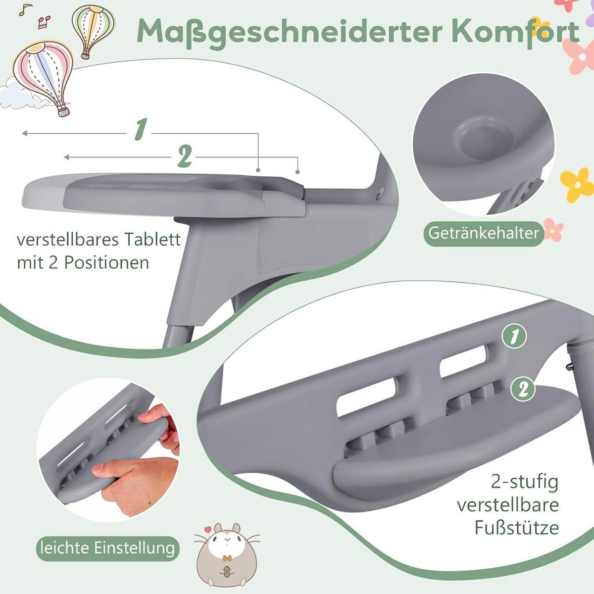 BABYHOCHSTUHL Grau - Grau, Kunststoff (66/87/61.5cm) - COSTWAY