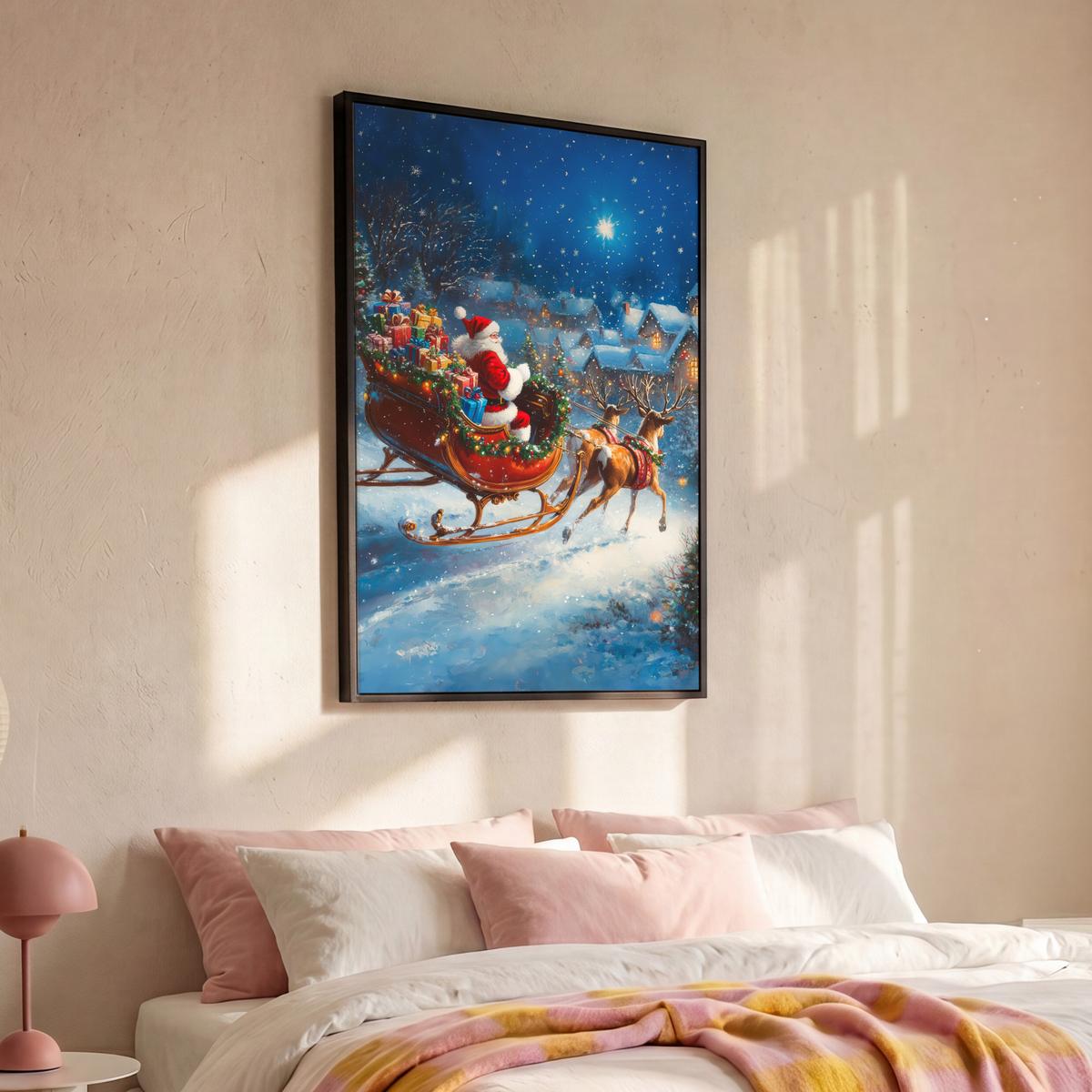 LEINWAND Bilder mit Rahmen - Weihnachtsmann - Rentier - Weihnachten - Schnee - 80x120 - Cognac, Textil (80/120cm) - MuchoWow
