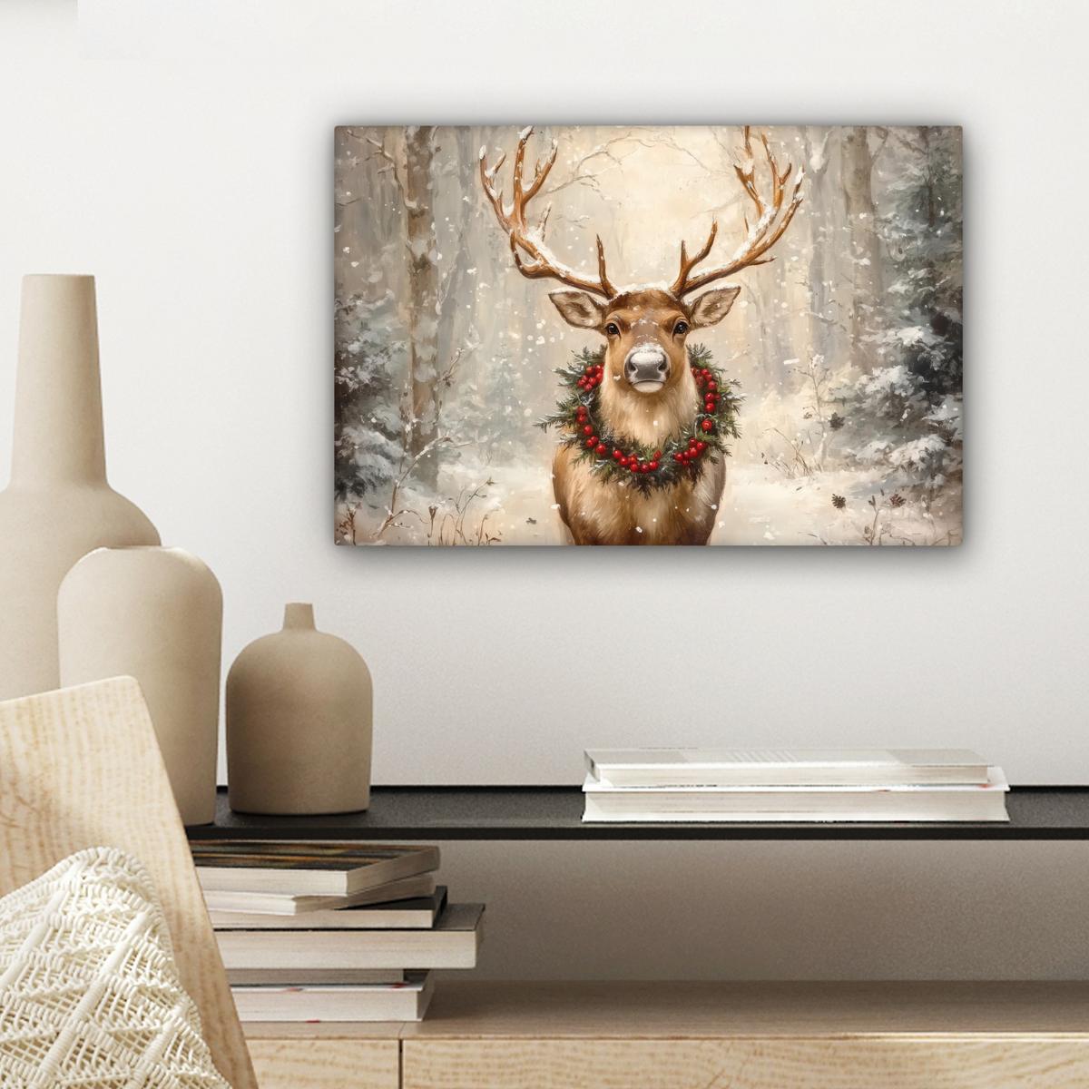 LEINWANDBILD Weihnachten - Rentier - Winter - Kranz Deko Schlafzimmer 30x20 cm - Naturfarben, Textil (30/20cm) - MuchoWow