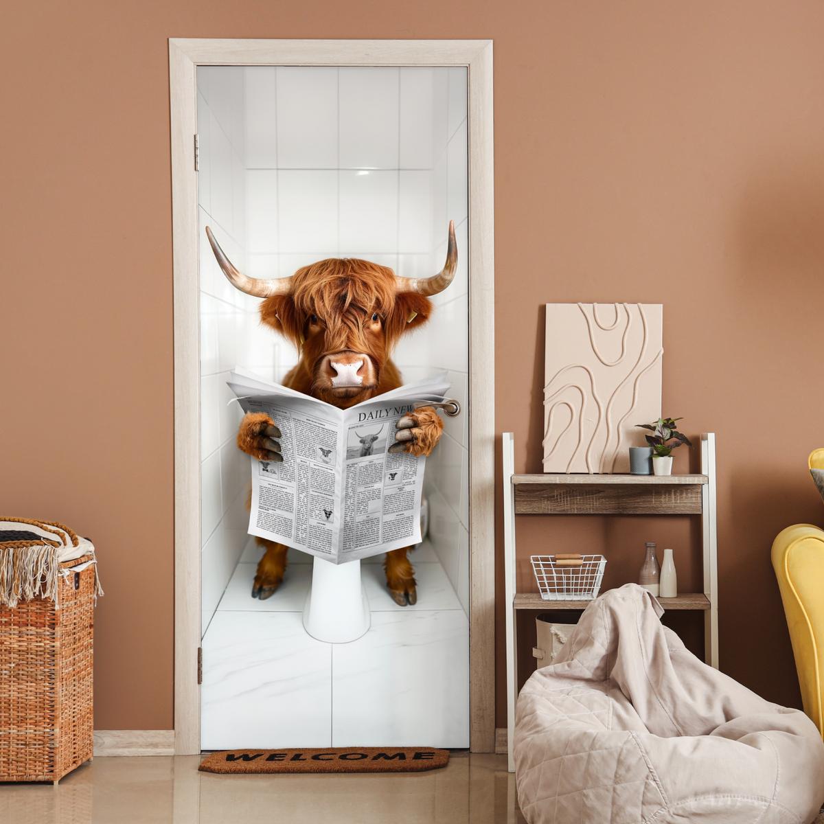 TÜRAUFKLEBER Scottish Highlander - Zeitung - WC - Tier 85x215 cm - Türtapete - Weiß, Kunststoff (85/0.1cm) - MuchoWow