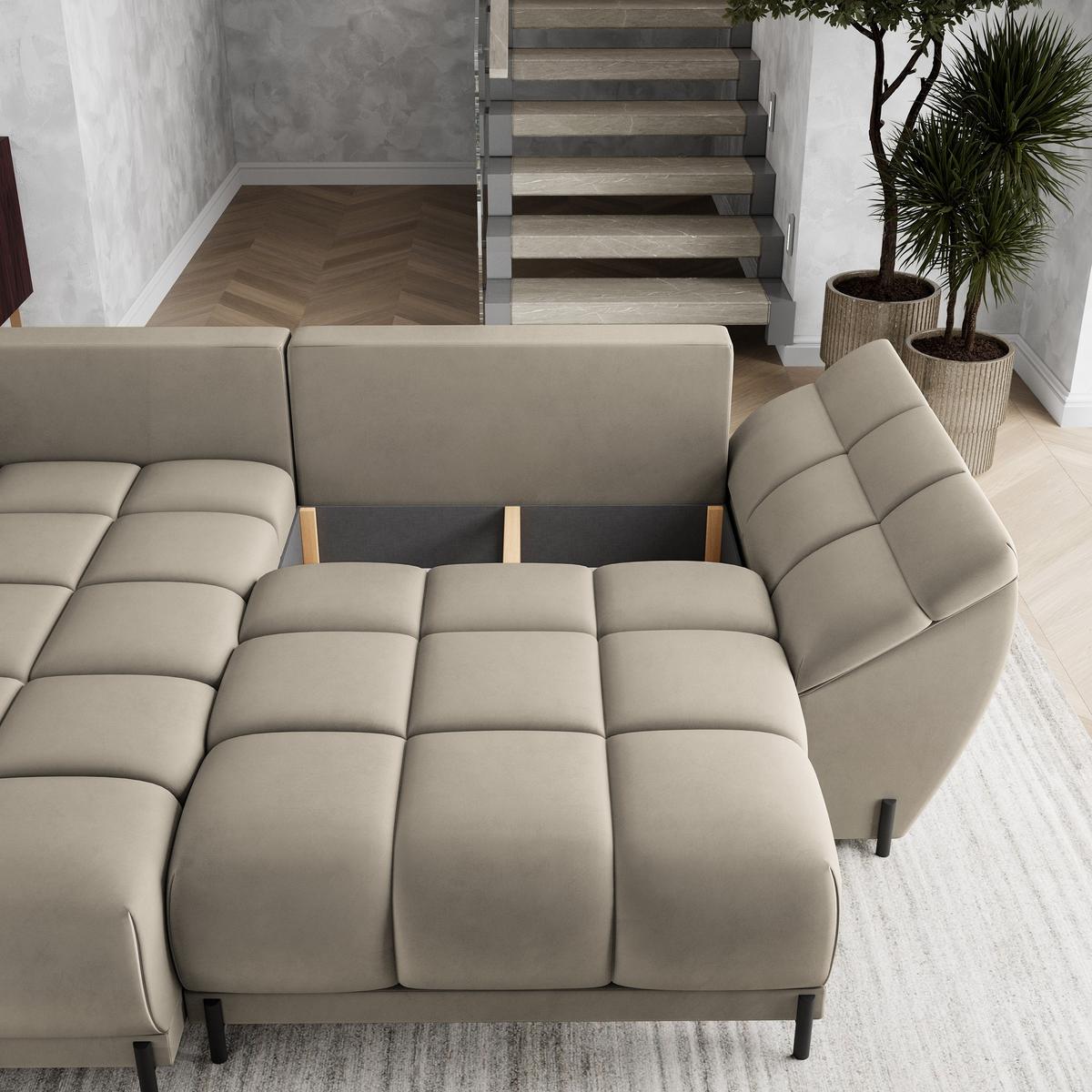 ECKSOFA VESTANO L-S Beige Velours-Stoff mit Schlaffunktion - Beige, Holz (287/182cm) - MASSENO