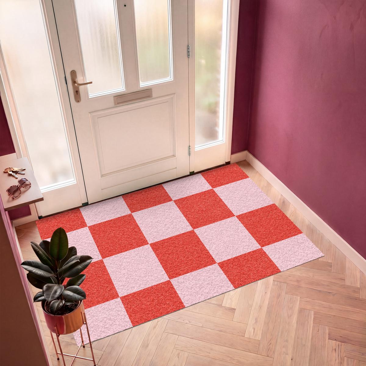 FUSSMATTE Schachbrettmuster - Rot - Rosa - Würfel Türmatte 180x120 cm - Rot, Kunststoff (180/0.4cm) - MuchoWow