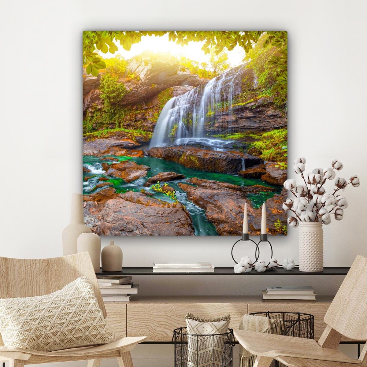 LEINWANDBILD Natur - Wasserfall - Pflanzen - Bäume - Sonne Deko Groß 90x90 cm - Olivgrün, Textil (90/90cm) - MuchoWow