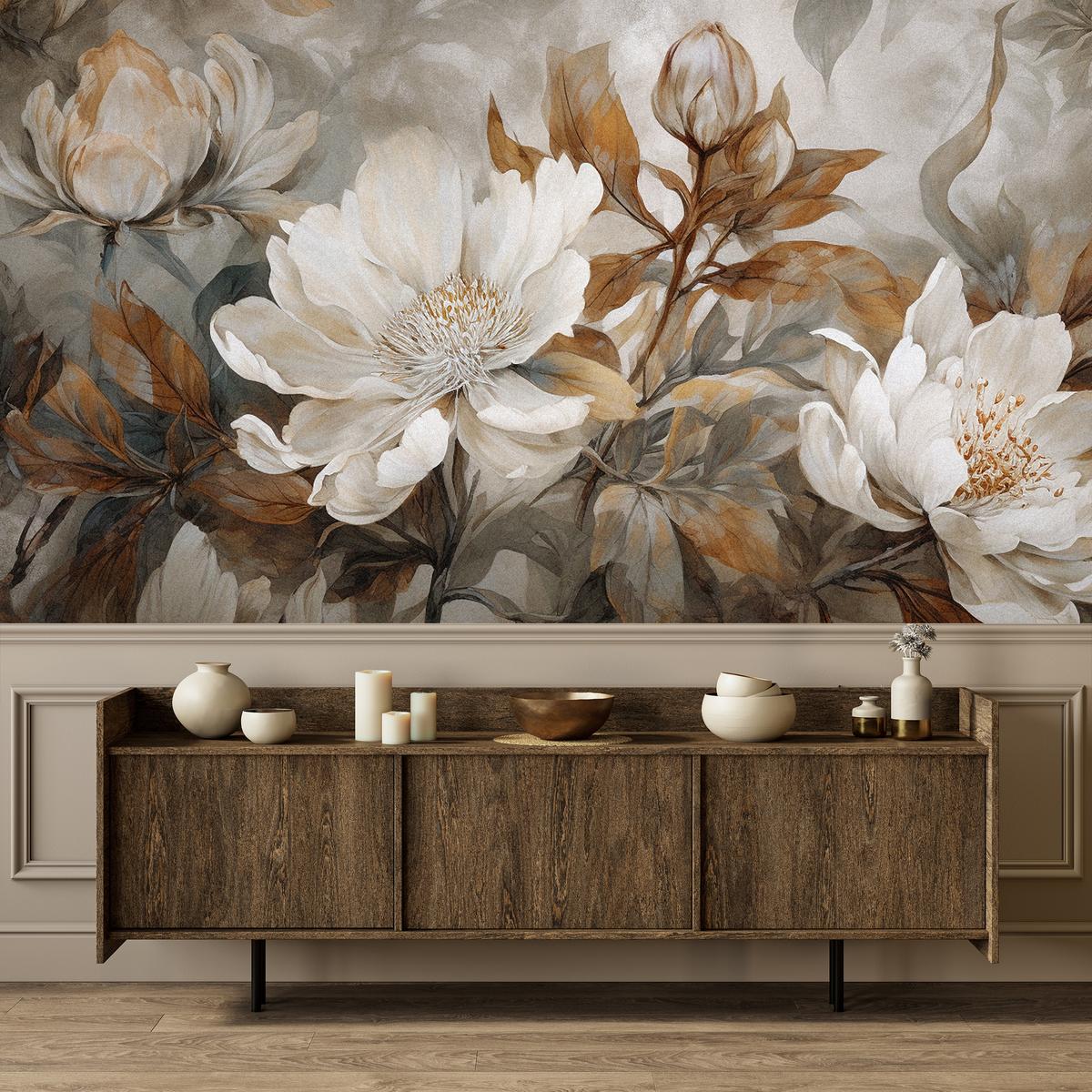 FOTOTAPETE für Wohnzimmer Blätter Abstrakte Blüten Pflanzen Retro 150x105 - Grau, Papier (150/105cm) - Muralo