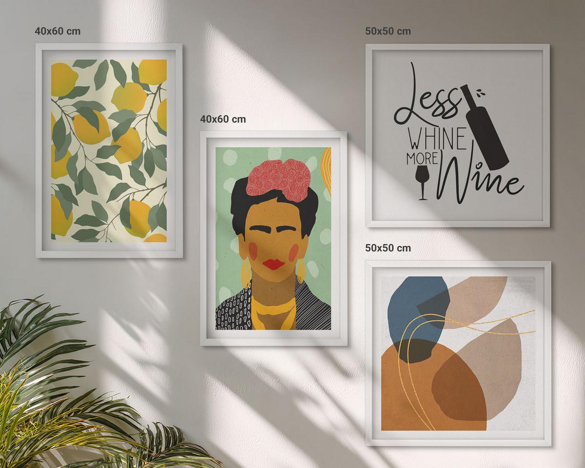 BILDER SET 4er Set - 50x50 cm & 40x60 cm Weißer Rahmen - Zitronenweinporträt von Frida - Weiß, Kunststoff (50/50cm) - TULUP