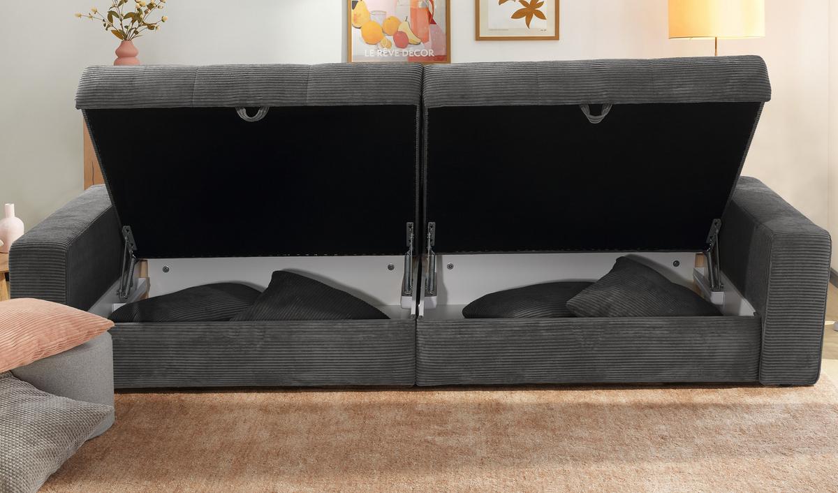 BIG-SOFA mit 2 Bettkästen, viel Stauraum, B274/T113/H84 cm, Liegefläche 103x241 cm, Cord Dunkelgrau / 15261 - Dunkelgrau/Schwarz, Kunststoff/Textil (284/84/113cm) - luma-home