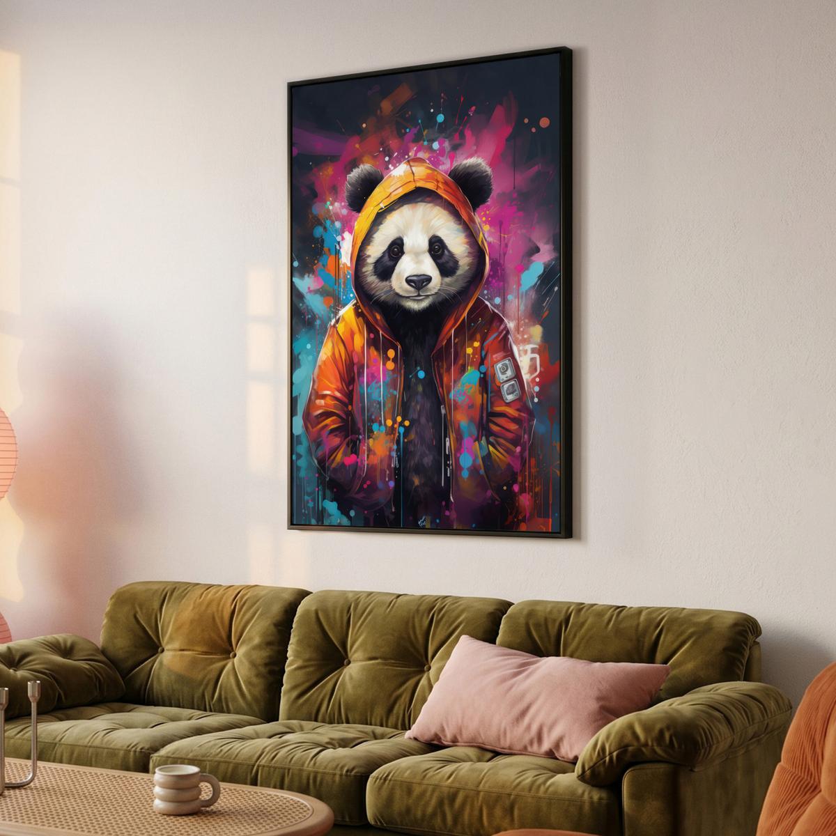 LEINWAND Bilder mit Rahmen - Panda - Jacke - Graffiti - Orange - 100x150 - Orange, Textil (100/150cm) - MuchoWow