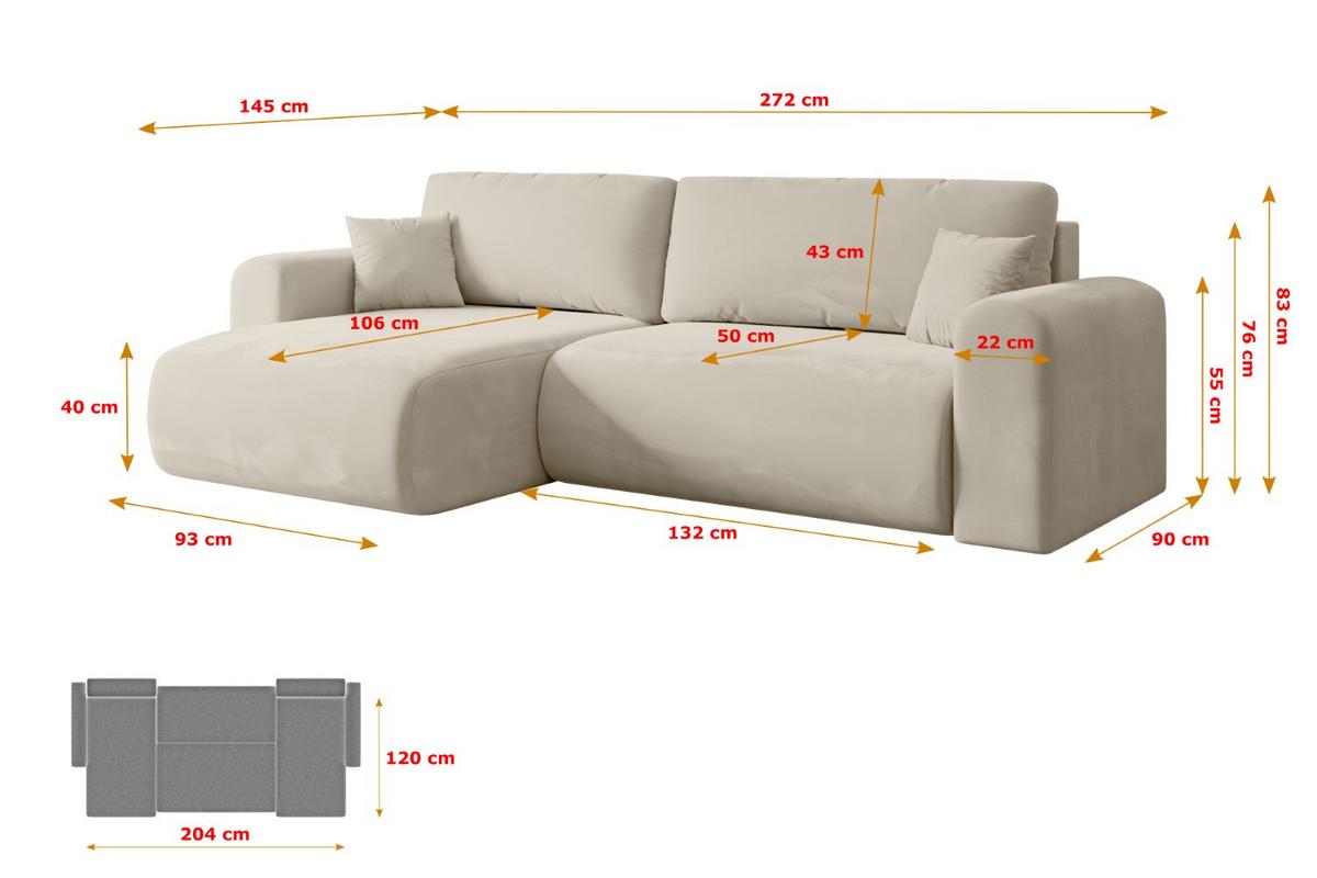 ECKSOFA mit Schlaffunktion und Bettkasten ORRO-L - 272x145x83 cm Beige Velours - Beige/Schwarz, Holzwerkstoff/Kunststoff (272/145cm) - ALTDECOR