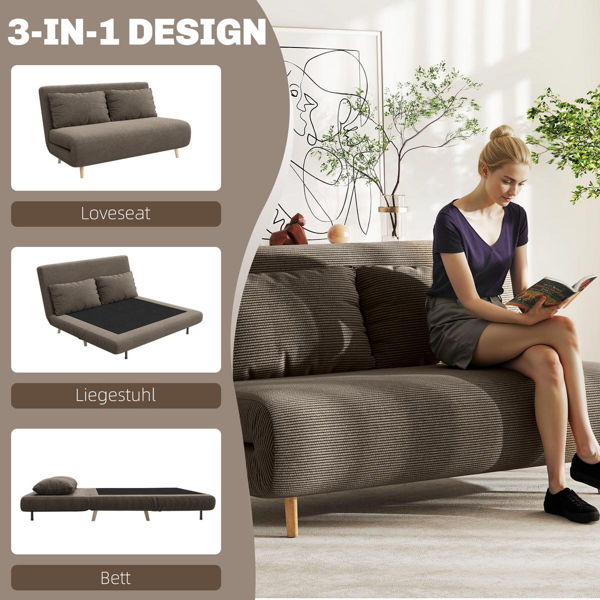 SCHLAFSOFA Polyester Buchenholz Kaffee-Braun - Buchefarben/Braun, Buchenholz/Textil (90/81/141cm) - HOMCOM