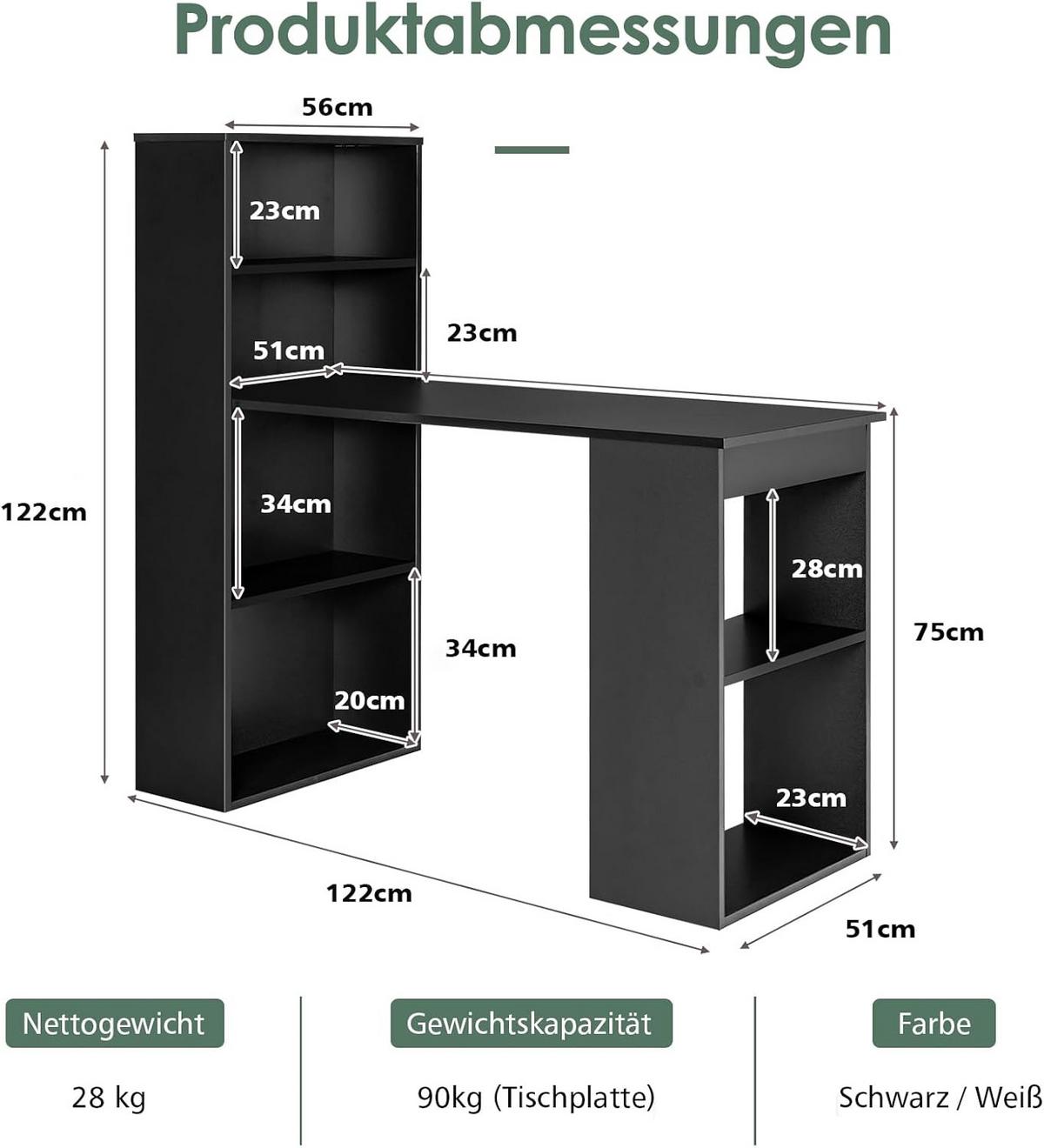 SCHREIBTISCH 120cm Schwarz - Schwarz, Holz (52/122/120cm) - COSTWAY