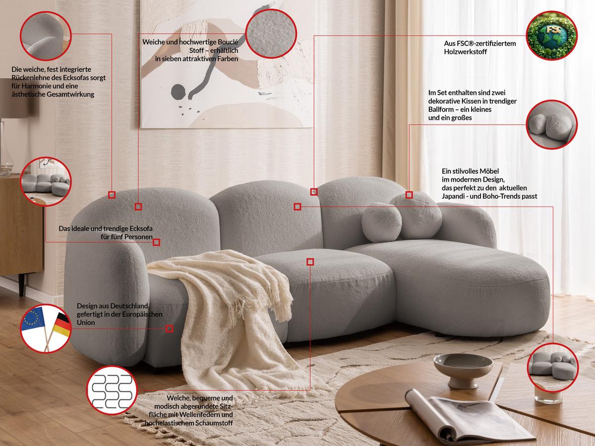 ECKSOFA Nuvola mit abgerundetem Design Hellgrau Bouclé-Stoff - Ottomane Rechts - Hellgrau/Schwarz, Holz/Kunststoff (268/146cm) - S-Style Möbel