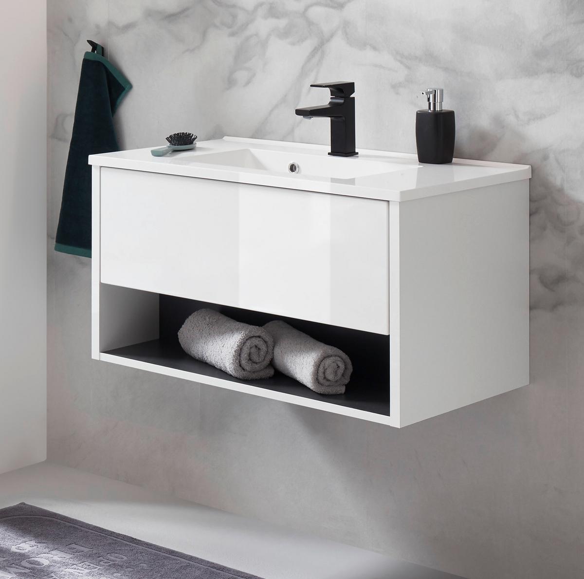 WASCHBECKENUNTERSCHRANK weiß Hochglanz, Waschtisch komplett mit Waschbecken, 80 cm hängend - Weiß Hochglanz/Grau, Holzwerkstoff/Metall (80/44/47cm) - Furn.Design