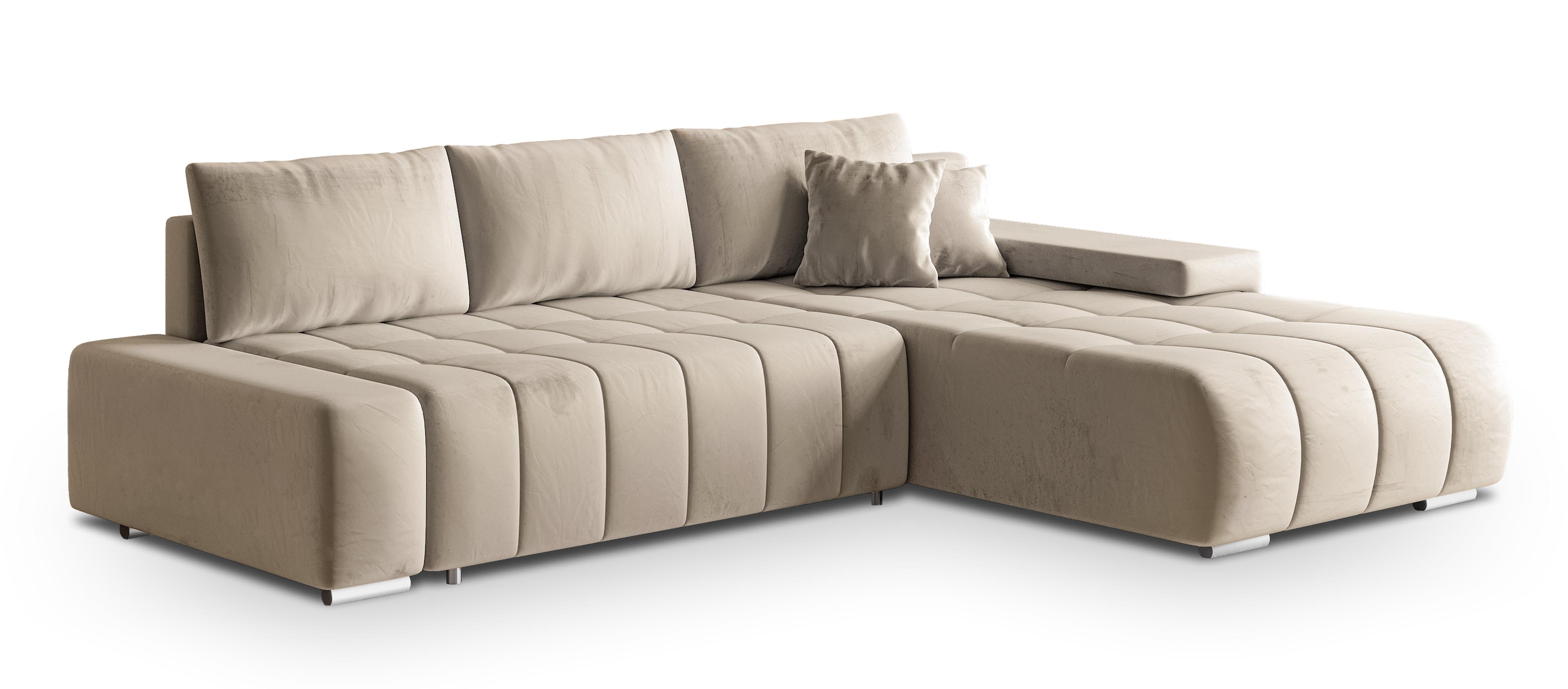 ECKSOFA ALESE R-S Creme Velours-Stoff mit Schlaffunktion - Silberfarben/Creme, Holz/Textil (265/185cm) - MASSENO