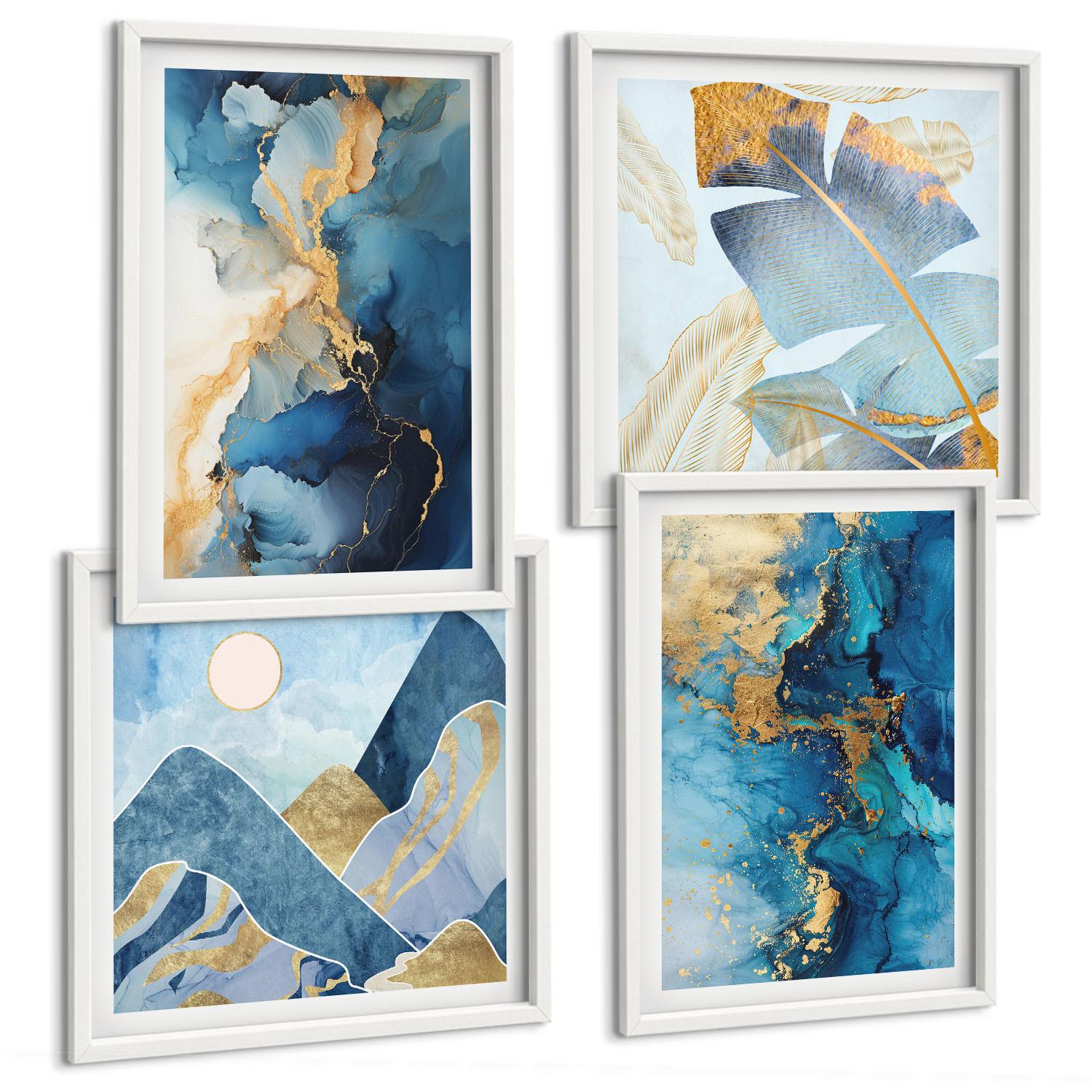 BILDER SET 4er Set - 50x50 cm & 40x60 cm Weißer Rahmen - Goldmuster in den blauen Bergen - Weiß, Kunststoff (50/50cm) - TULUP
