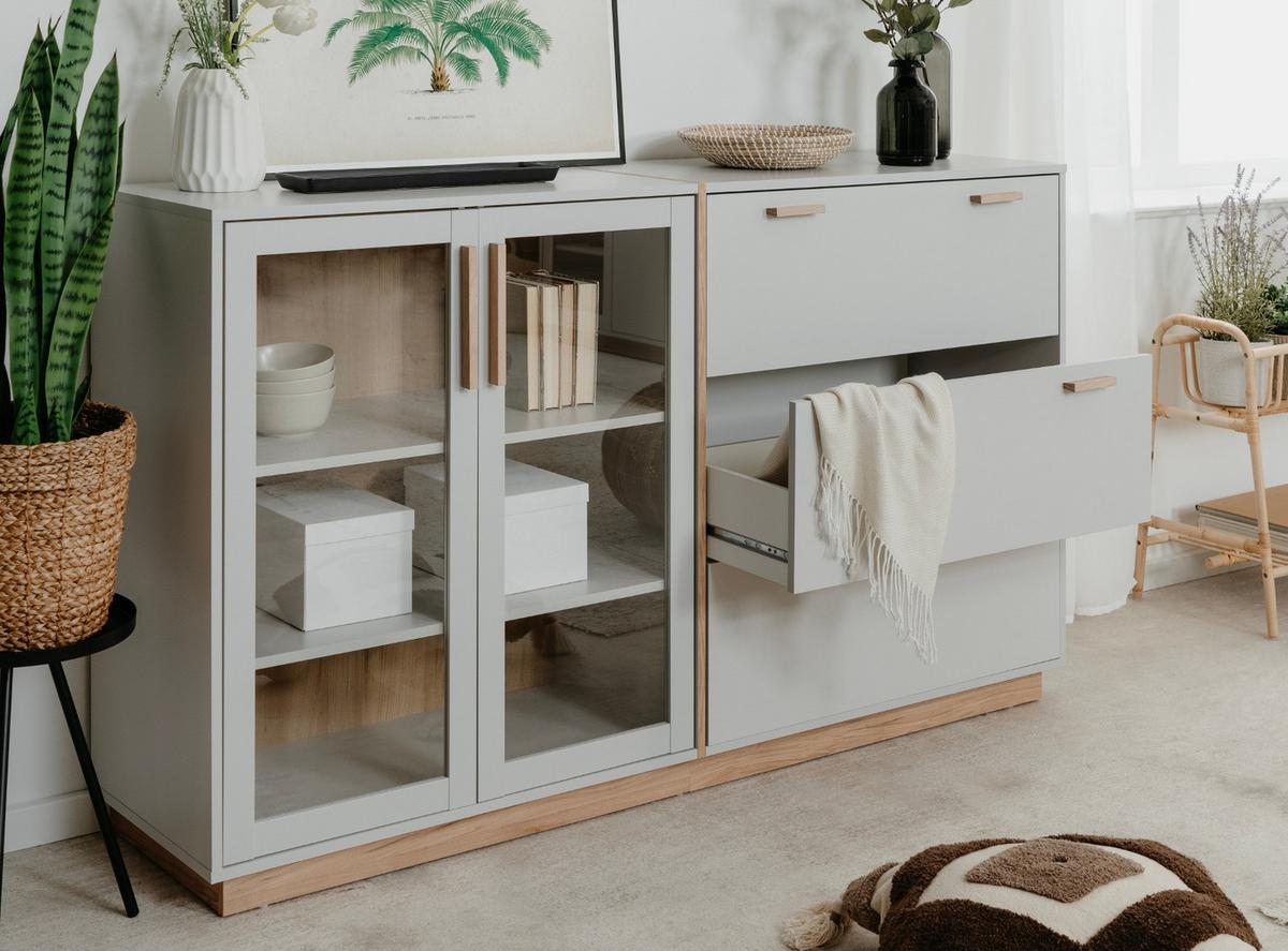 SIDEBOARD grau, Hickory Walnuss 163 cm, Kommode mit Glastüren - Walnussfarben/Grau, Glas/Holzwerkstoff (162.5/94/40cm) - Furn.Design