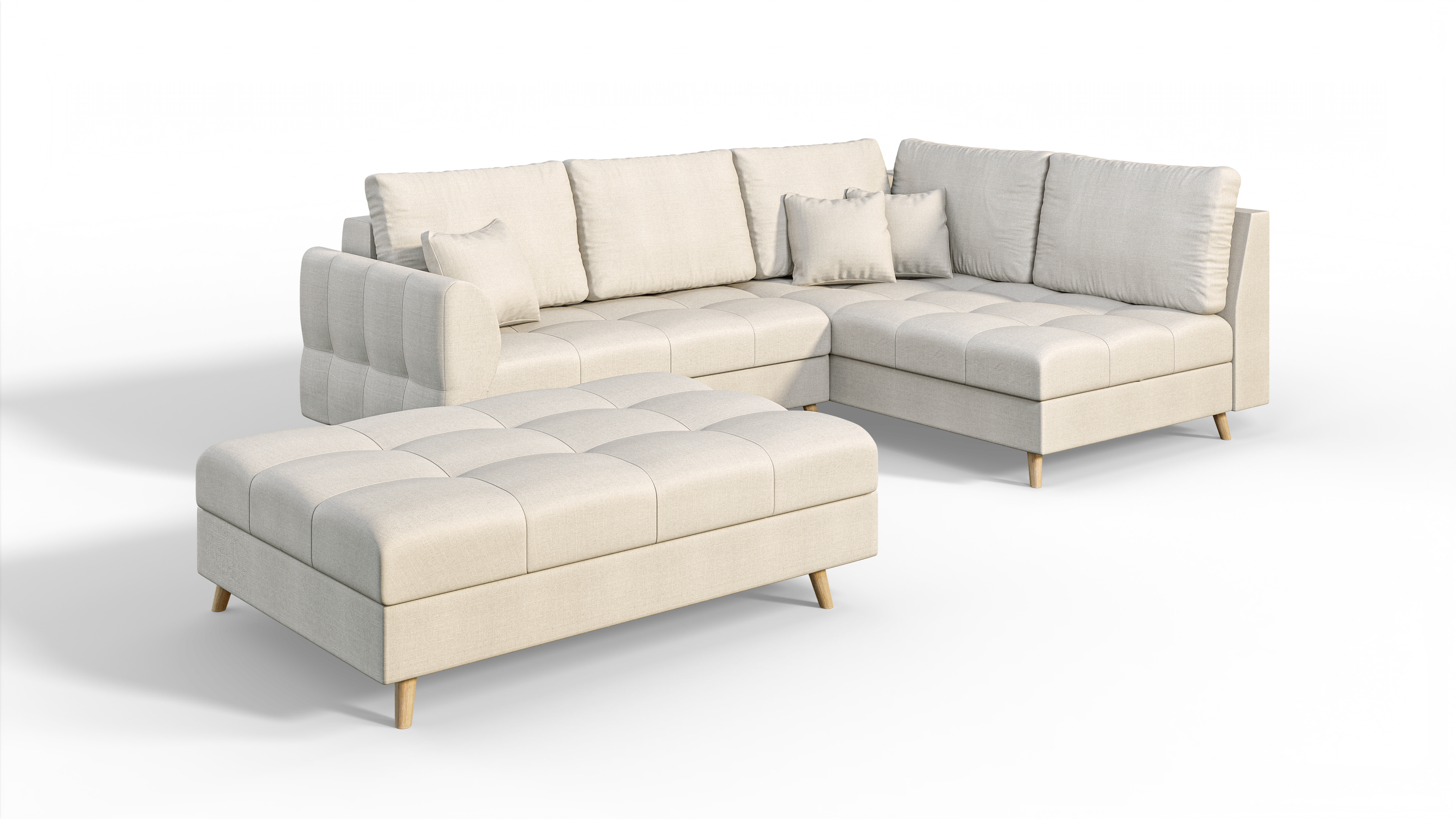 ECKSOFA MIT HOCKER Lorine Mikrofaser Ecru - Ecru/Hellbraun, Buchenholz/Textil (231/161cm) - S-Style Möbel