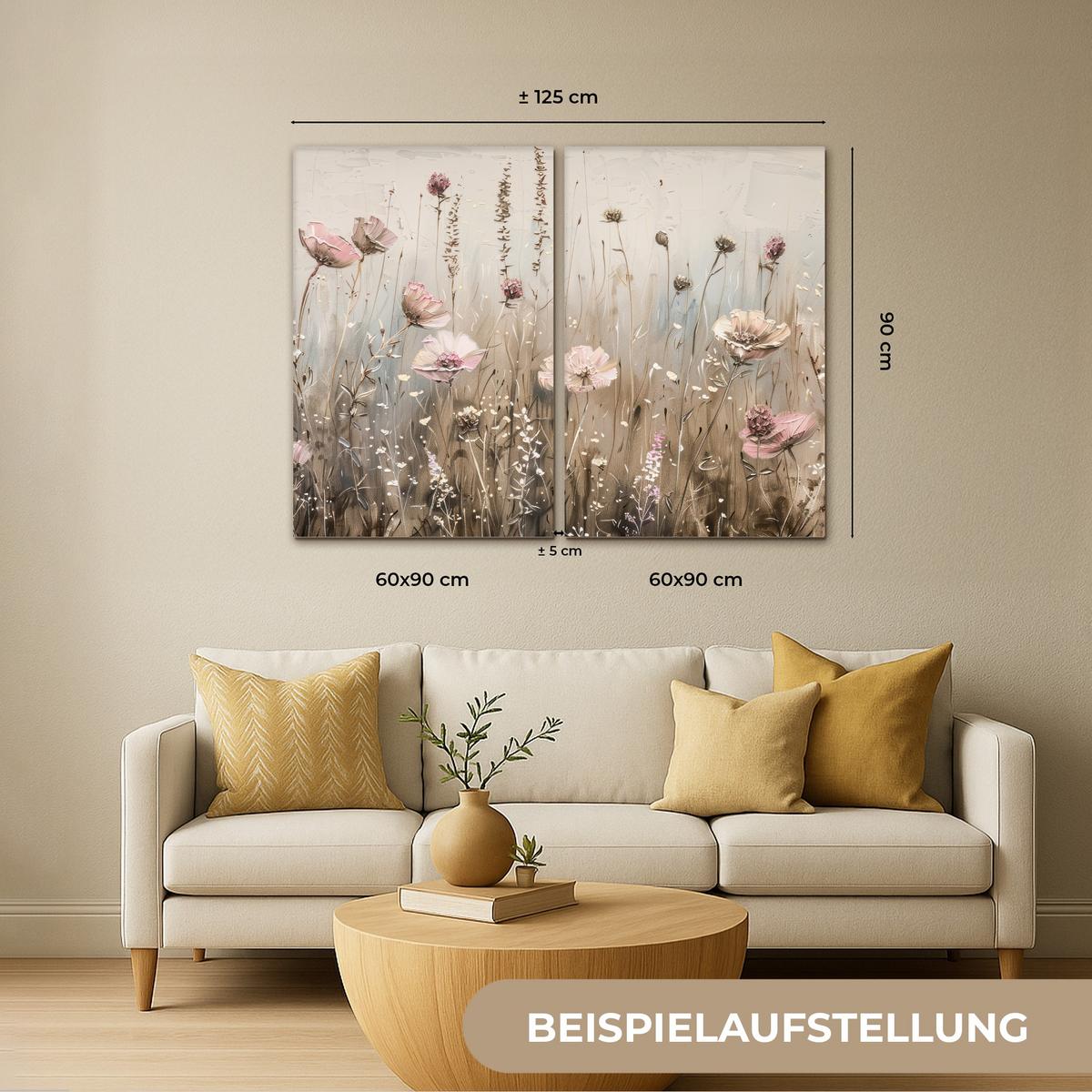 LEINWANDBILD 2er Set Blumen - Beige - Modern - Rosa 120x90 cm - Ecru, Textil (120/90cm) - MuchoWow
