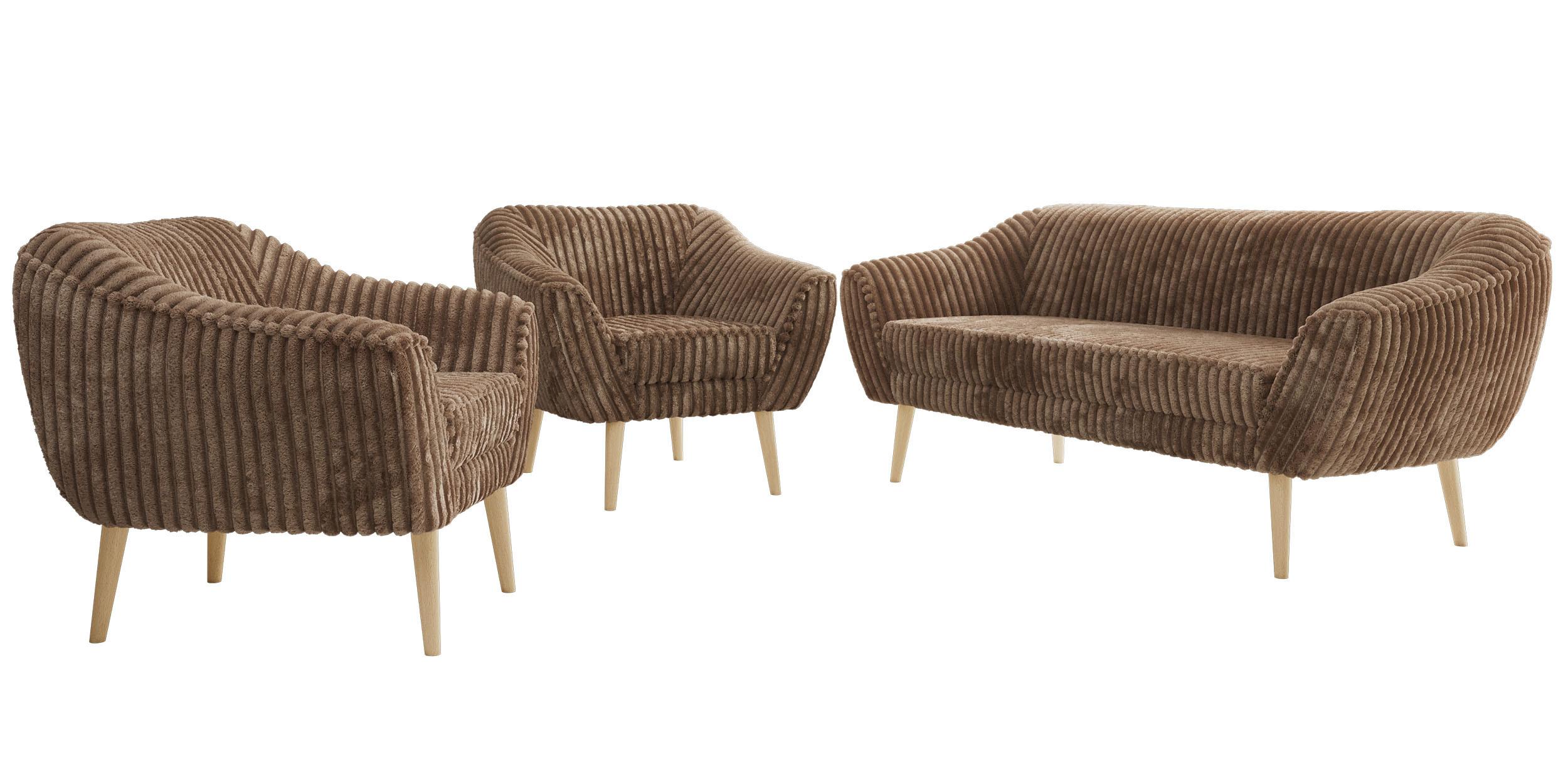 SITZGARNITUR PIRS 3+1+1 - Braun Cord - Holzbeine - Buchefarben/Braun, Holzwerkstoff/Textil (180/75/74cm) - MKS