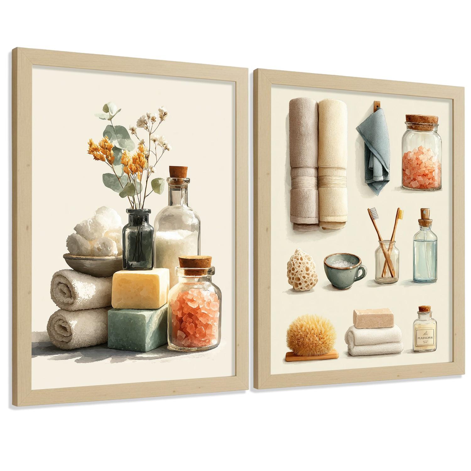 POSTER 2er Set dekorativen Badezimmerbildern mit Motiven von Handtüchern, Seifen, Badesalz. Verschönern Sie Ihr Badezimmer. Leichter Holzrahmen A4 - Beige, Papier (29.7/21/3cm) - Nacnic