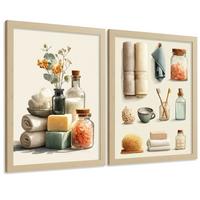 POSTER 2er Set dekorativen Badezimmerbildern mit Motiven von Handtüchern, Seifen, Badesalz. Verschönern Sie Ihr Badezimmer. Leichter Holzrahmen A3 - Beige, Papier (42/29.7/3cm) - Nacnic