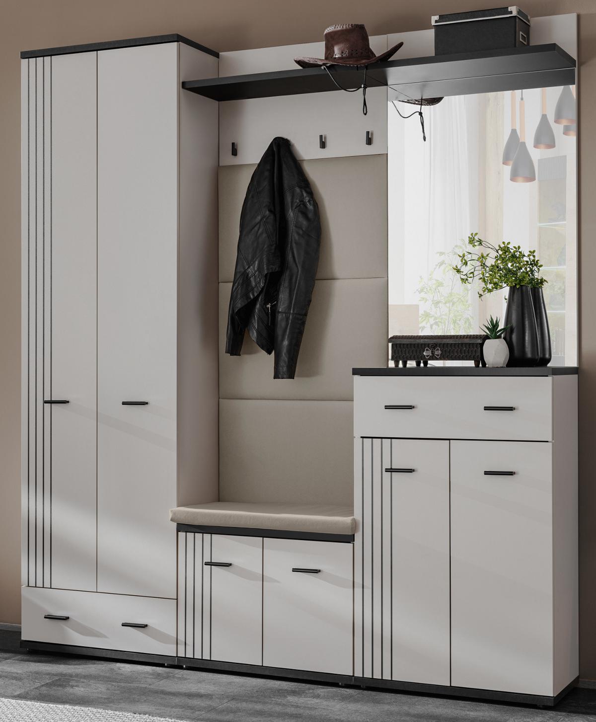 GARDEROBEN-SET Kaschmir, schwarz 5-teilig 180 cm, Flurgarderobe mit viel Stauraum - Kaschmir/Schwarz, Glas/Holzwerkstoff (180/203/32cm) - Inn.Furn