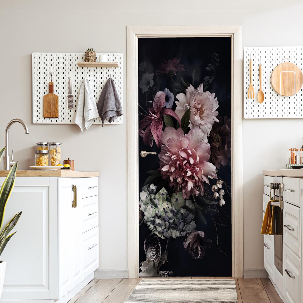 TÜRAUFKLEBER Selbstklebend - Blumen - Vintage - Pastell - Rosa - Weiß 85x205 cm - Türtapete - Altrosa, Kunststoff (85/205cm) - MuchoWow
