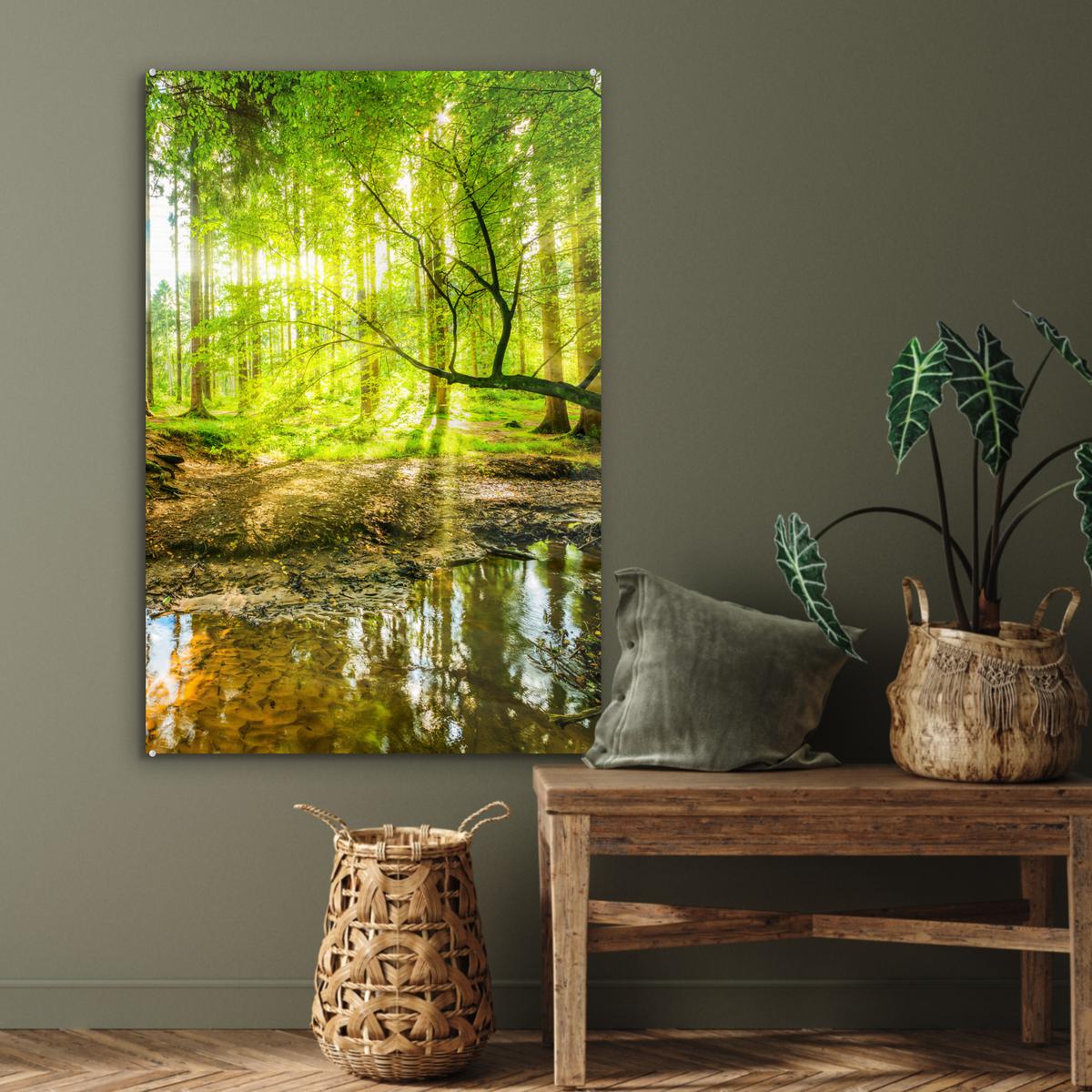 ACRYLGLASBILD Wald - Landschaft - Wasser - Bäume - Sonne - Grün - Natur 80x120 cm - Grün, Glas (80/120cm) - MuchoWow