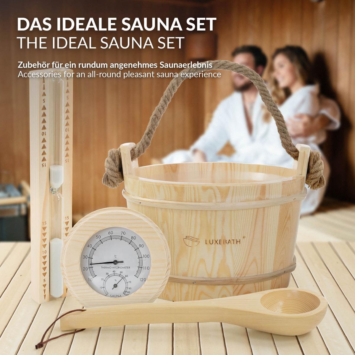 SAUNAZUBEHÖR-SET 4-teilig aus Kiefernholz mit Saunaeimer, Saunakelle, Thermometer-Hygrometer & Sanduhr - Naturfarben, Holz (37/30/27.5cm) - LuxeBath