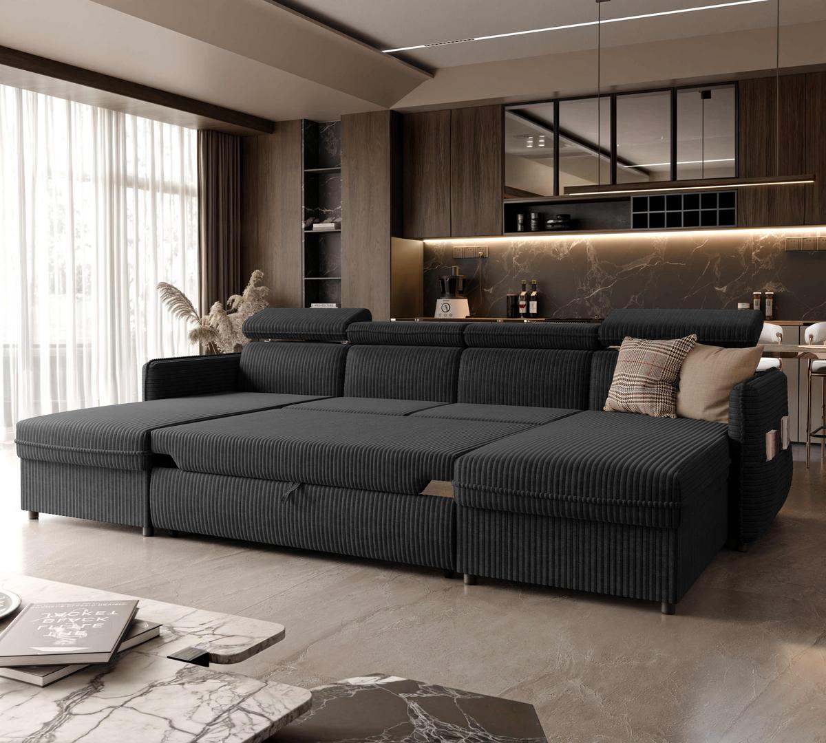 WOHNLANDSCHAFT U-Form Beni mit Schlaffunktion, Cord-Stoff Poso 135 Schwarz - Schwarz, Holzwerkstoff (286/60/166cm) - Idohome