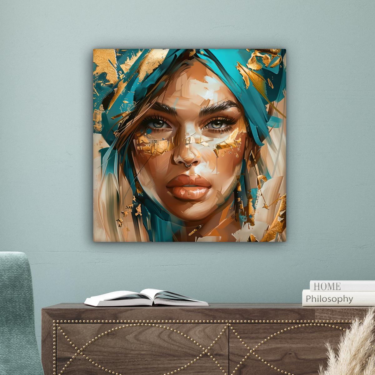 LEINWANDBILD Frau - Porträt - Gold - Luxus - Blau Wandbild Wohnzimmer 50x50 cm - Türkis, Textil (50/50cm) - MuchoWow