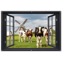 GARTENPOSTER Aussicht - Kuh - Mühle - Kühe - Wiese - Gras - Grün Poster für draußen 180x120 cm - Anthrazit, Kunststoff (180/120/0.2cm) - OnlyWow