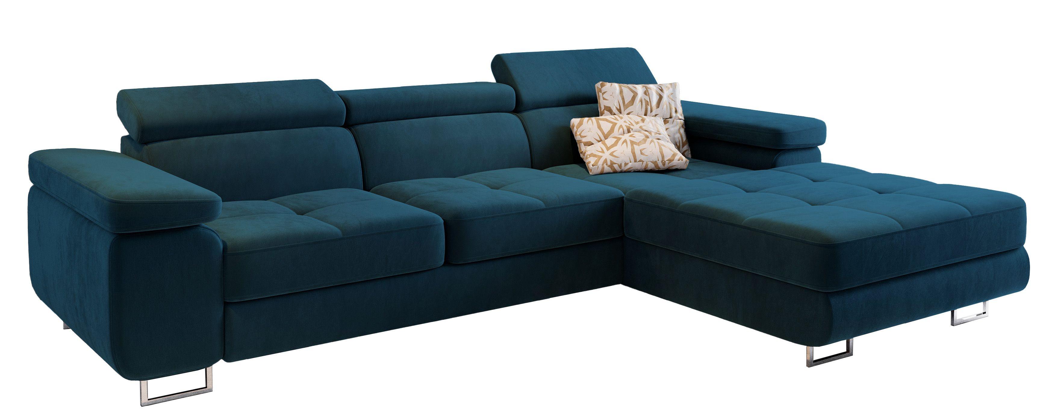 ECKSOFA ELMA R-S Blau Velours-Stoff mit Schlaffunktion - Blau/Silberfarben, Holz/Textil (280/205cm) - MASSENO