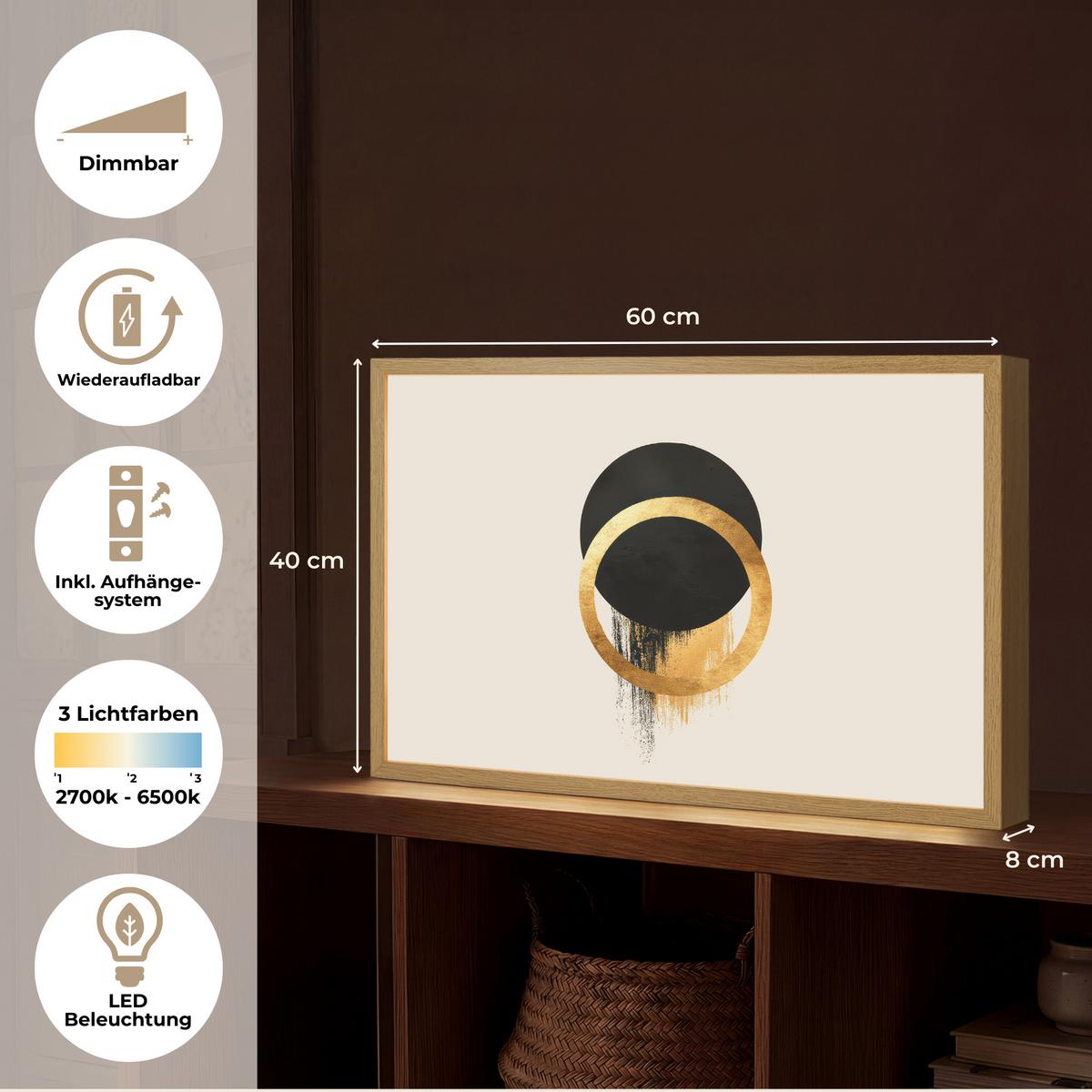 WANDLEUCHTE MIT AKKU Abstraktes Design - Schwarzer Kreis - Farbflecken 60x40 cm - Creme, Holzwerkstoff (60/40/8cm) - OnlyWow