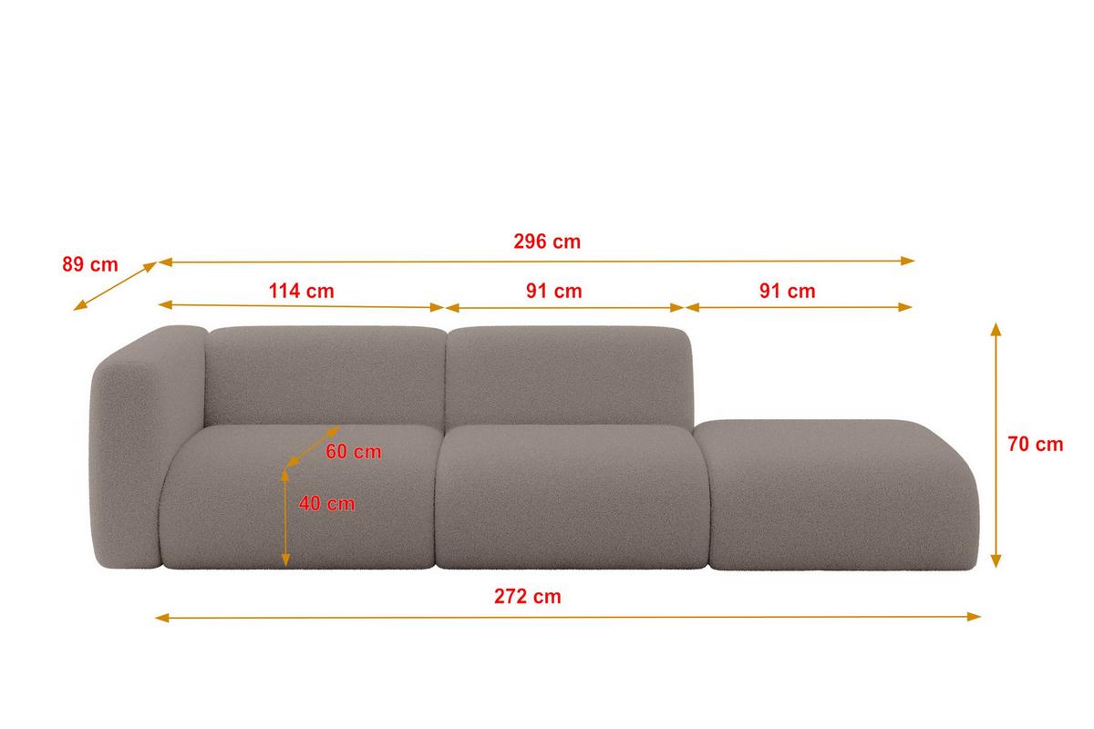 SOFA Ottomane Links MIRA-S3 296x89x70 Braun Bouclé - Dunkelbraun/Schwarz, Holzwerkstoff/Kunststoff (296/70/89cm) - ALTDECOR